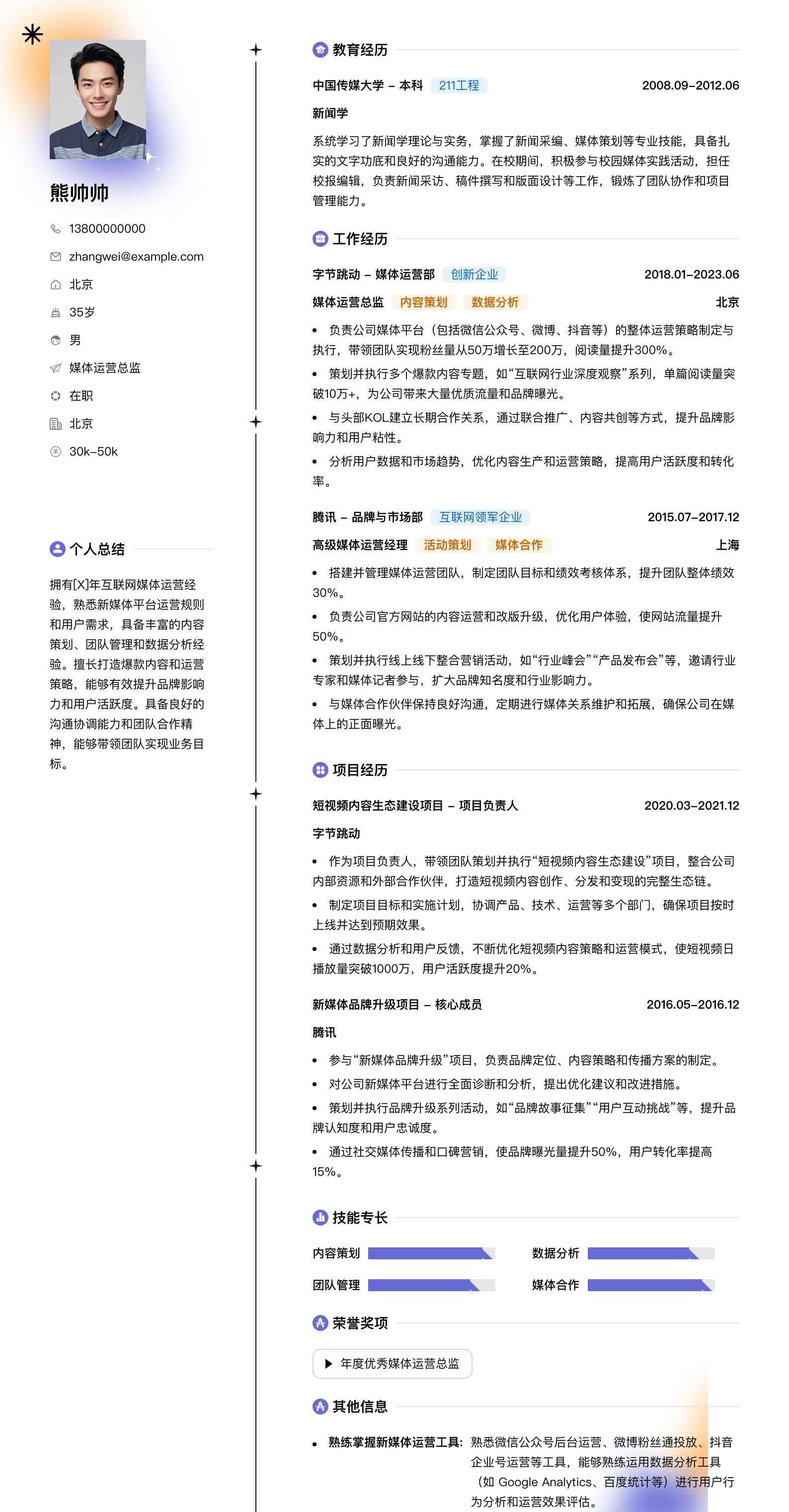 媒体运营总监简历模板