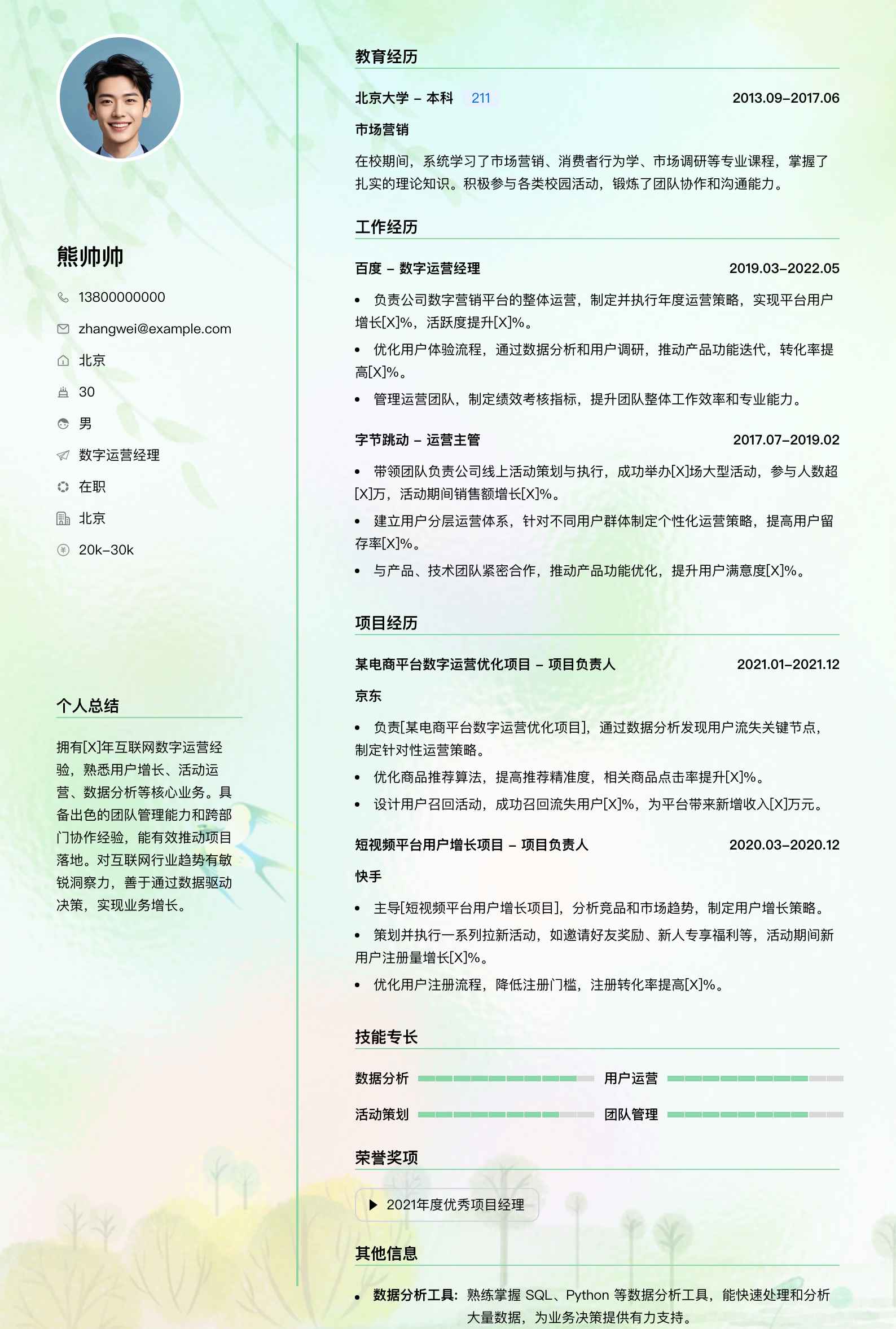 数字运营经理简历模板