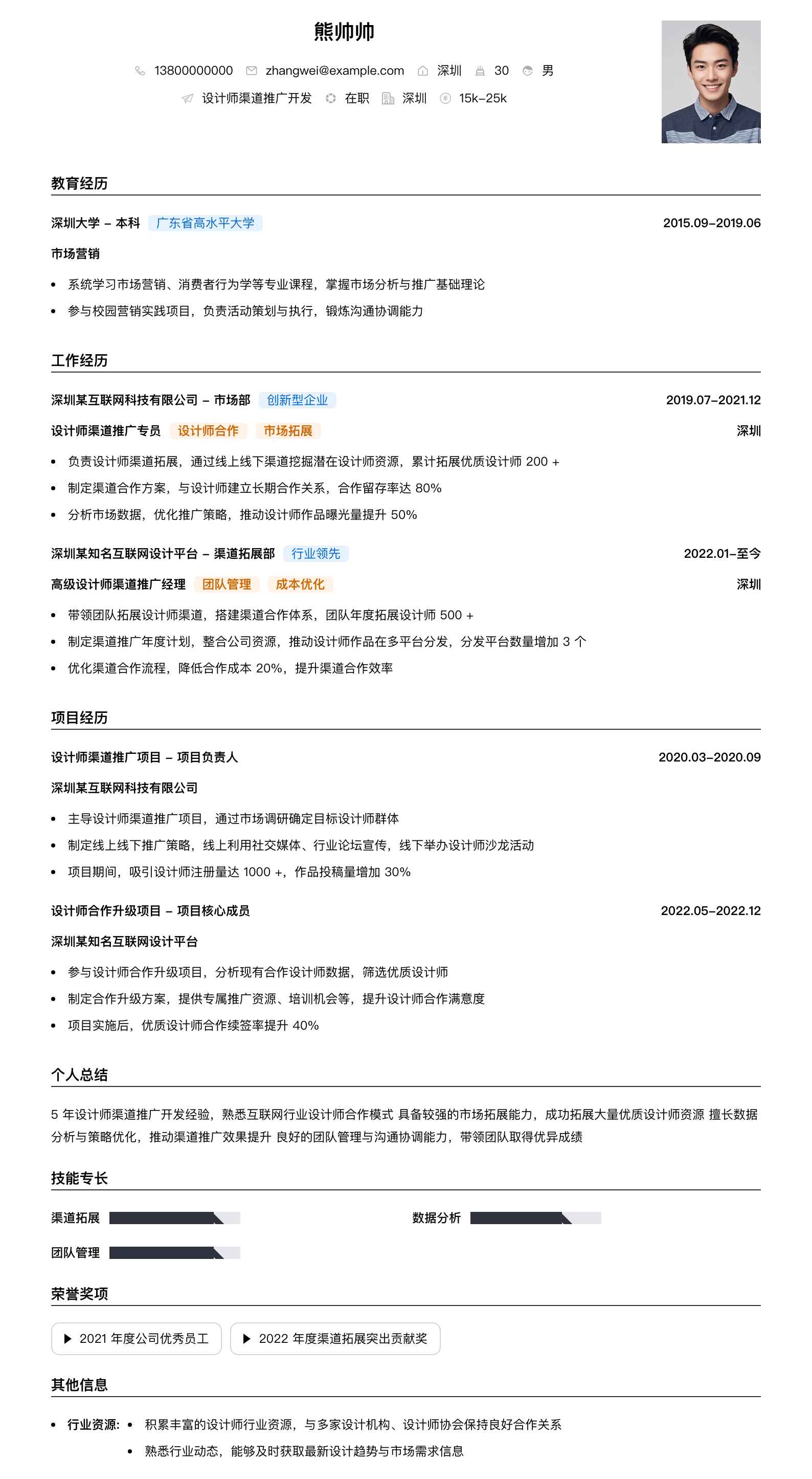 设计师渠道推广简历模板