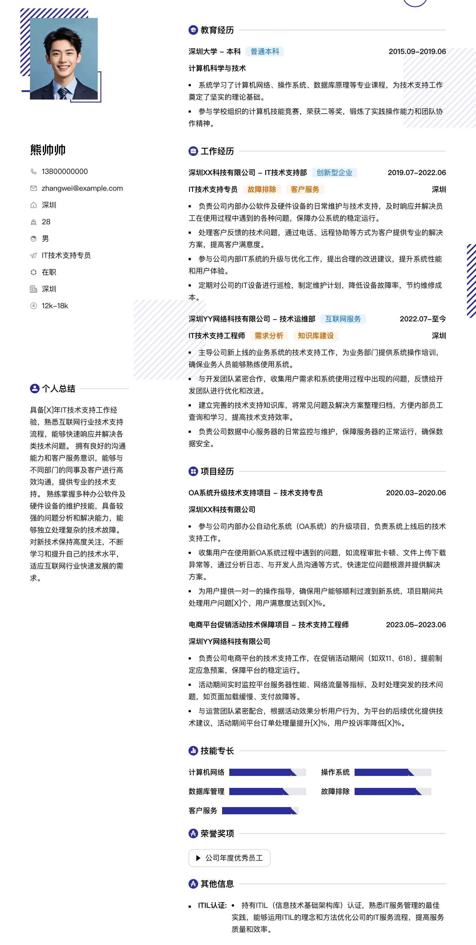 it技术支持专员简历模板