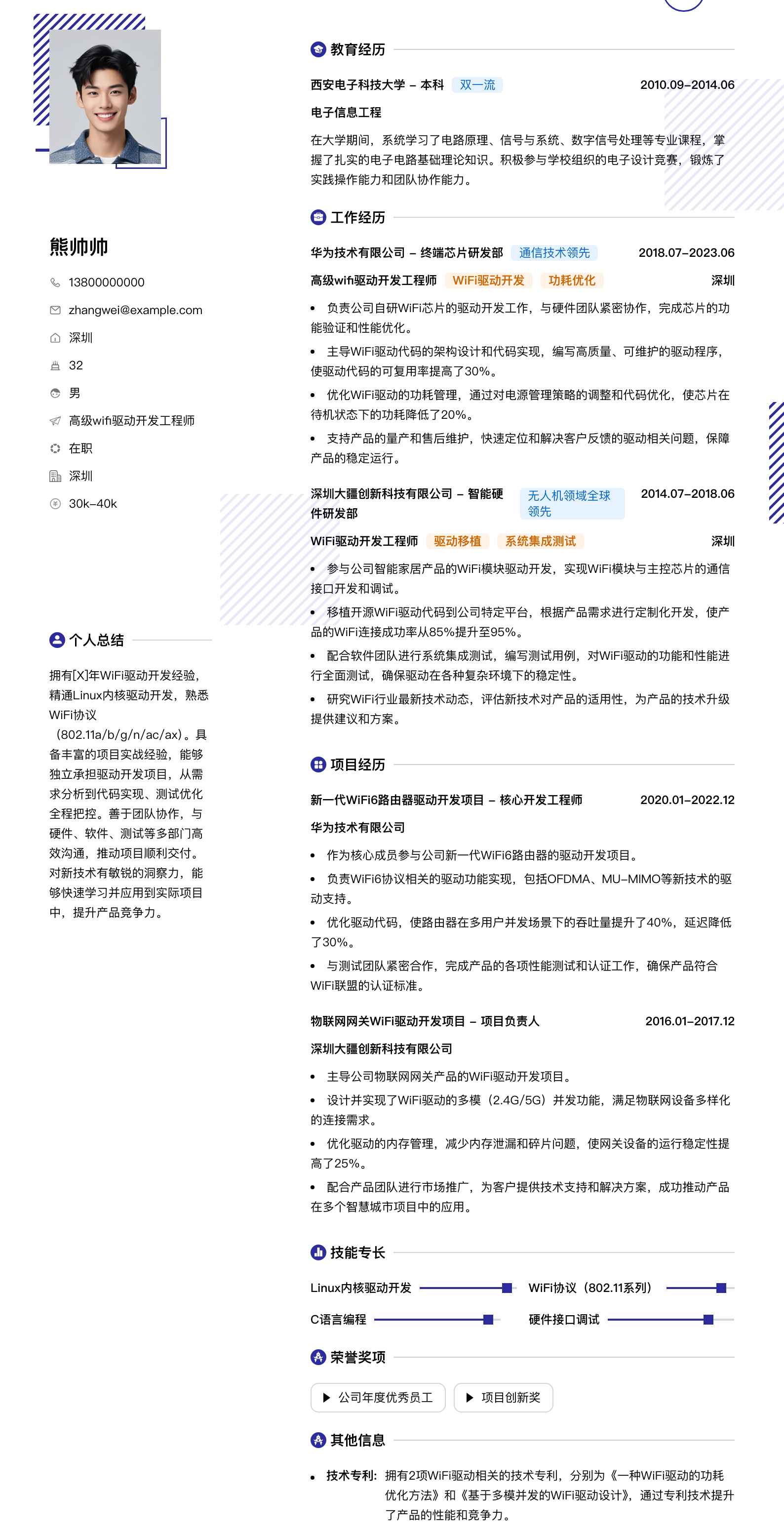 高级wifi驱动开发工程师简历模板
