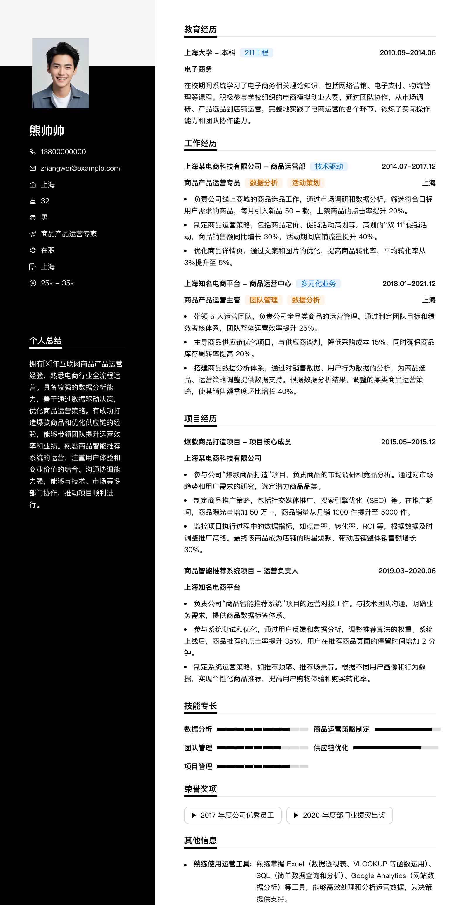 商品产品运营专家简历模板