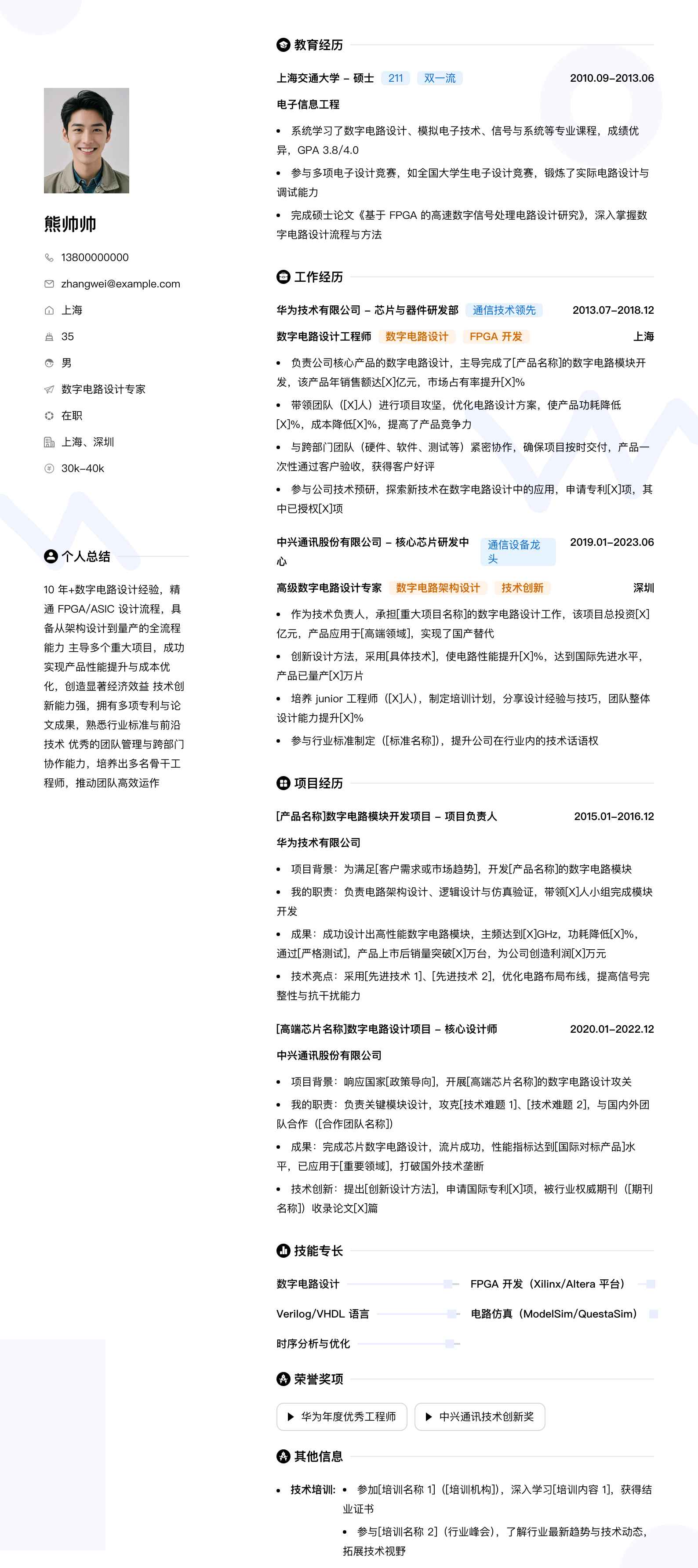 数字电路设计专家简历模板