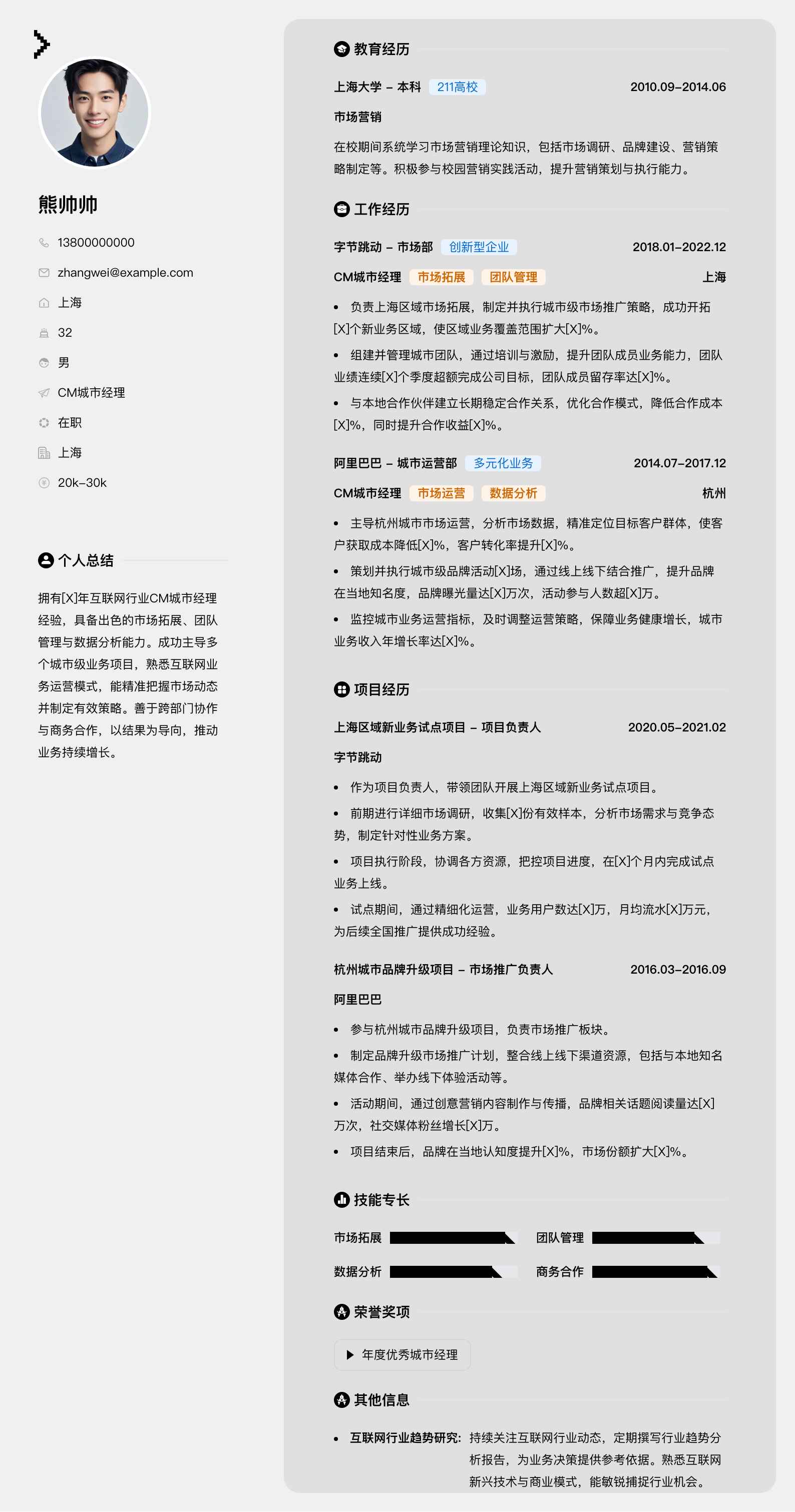cm城市经理简历模板