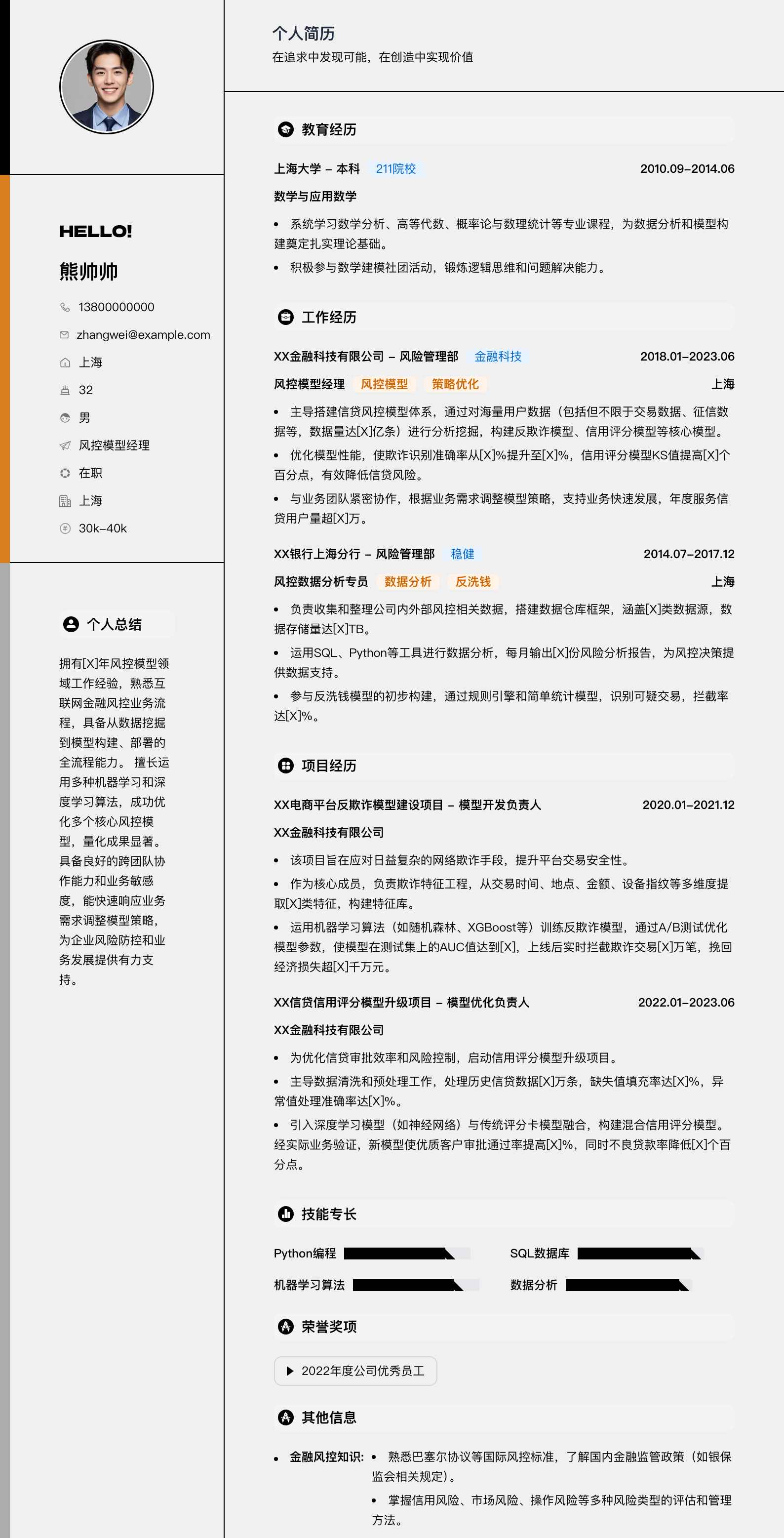 风控模型经理简历模板