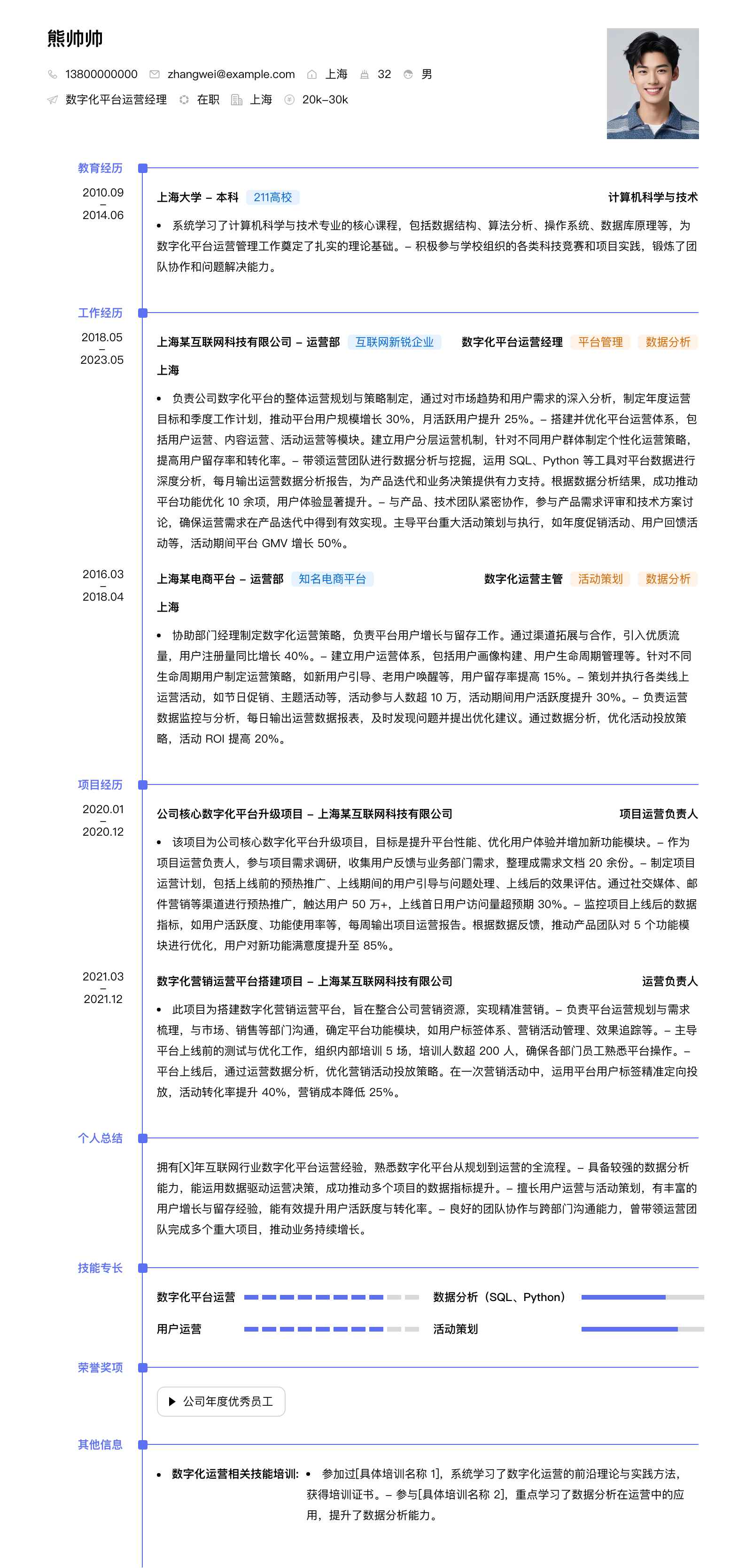 数字化平台运营经理简历模板