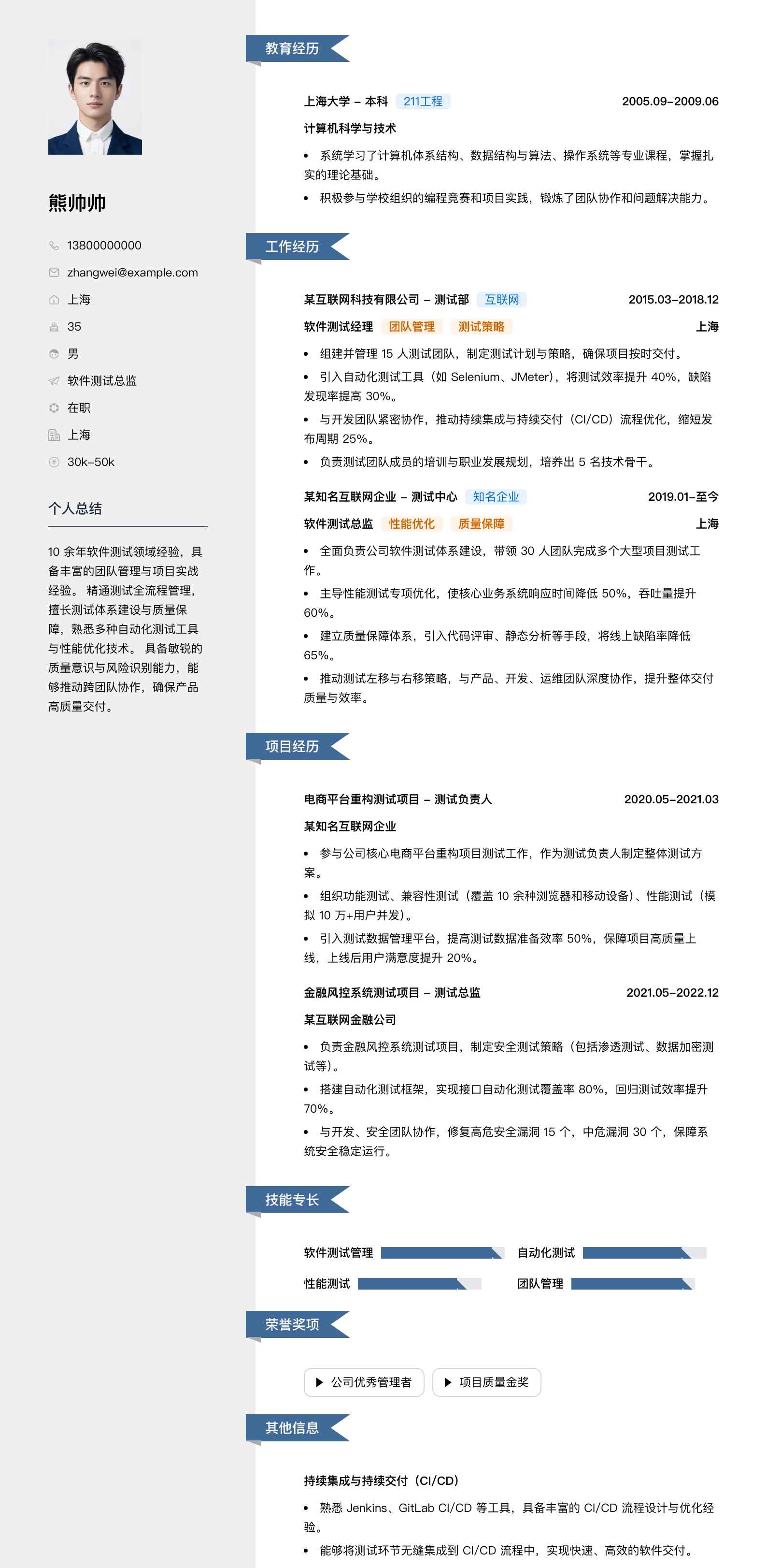 软件测试总监简历模板