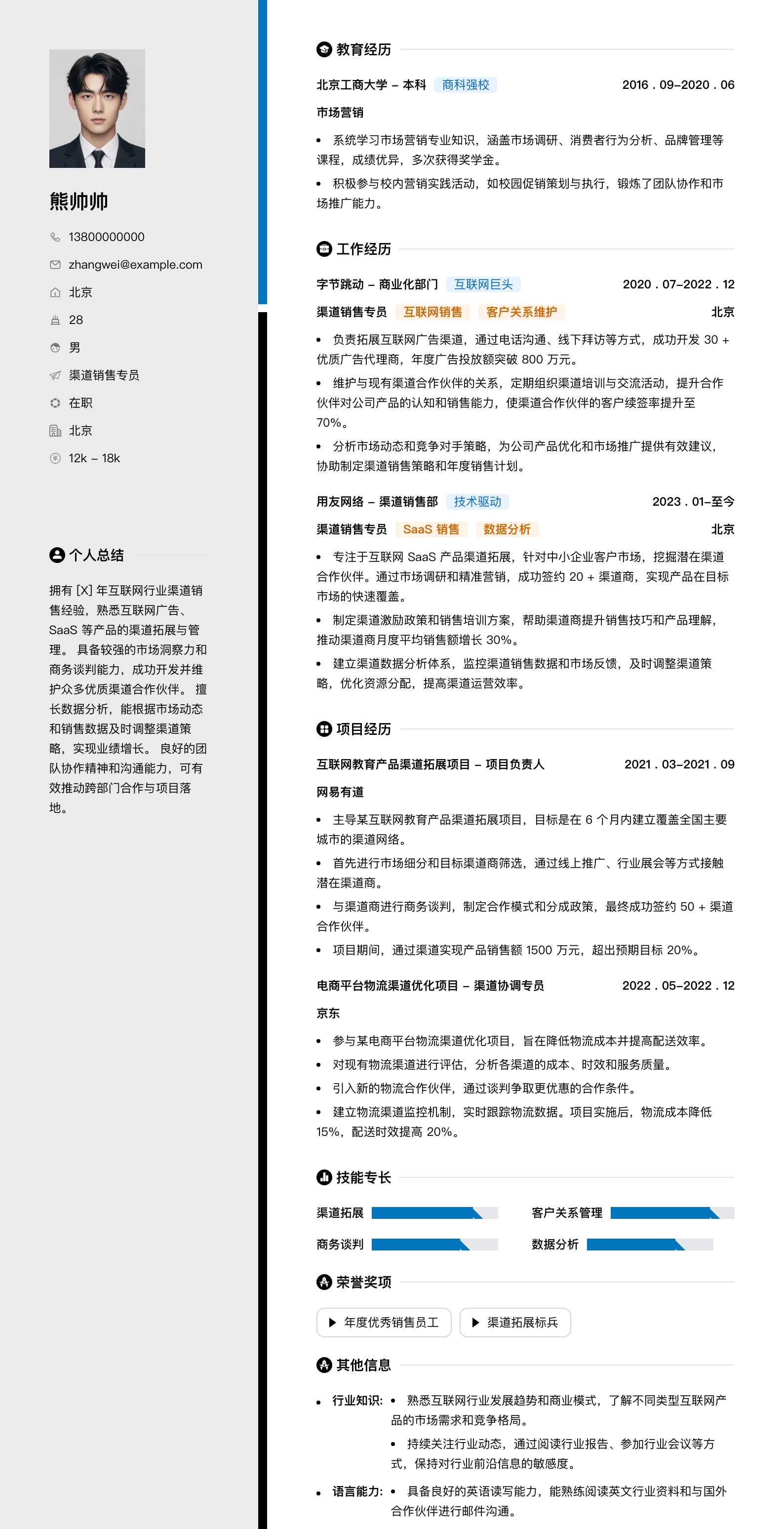 渠道销售专员简历模板