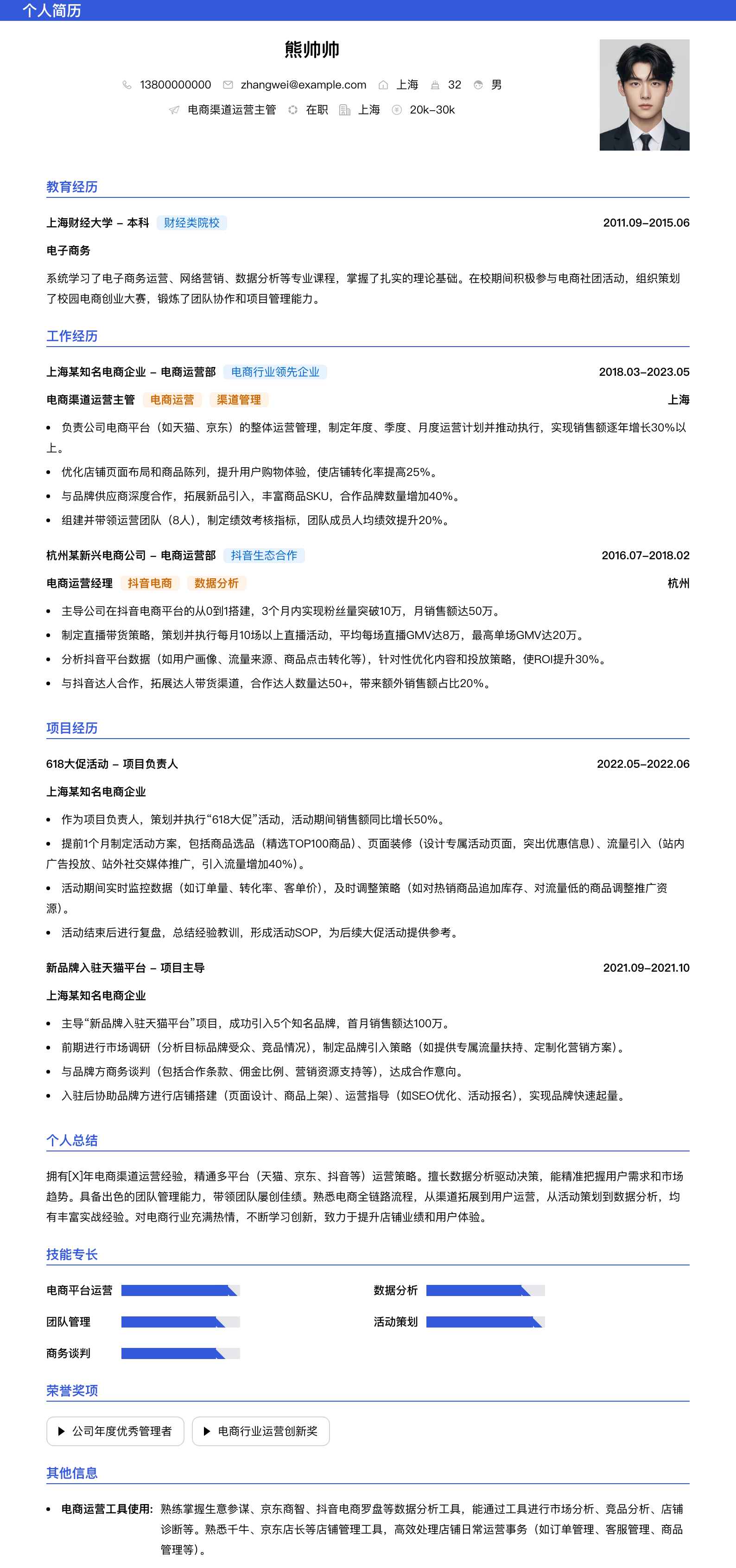 电商渠道运营主管简历模板