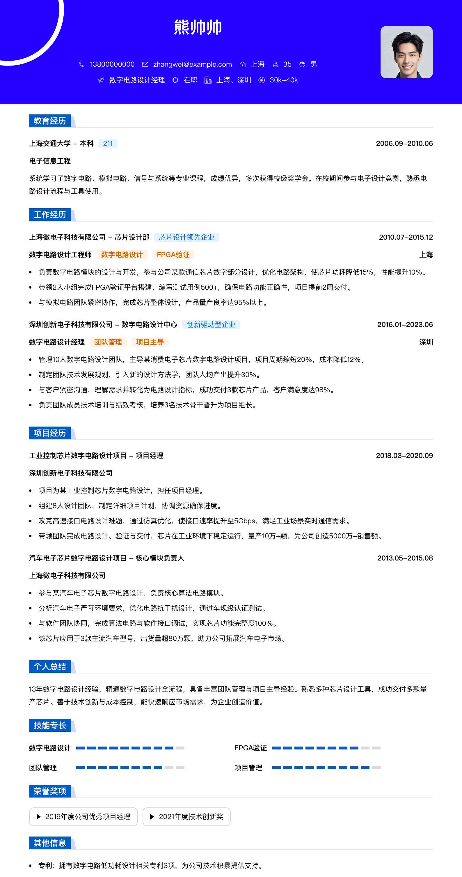 数字电路设计经理简历模板