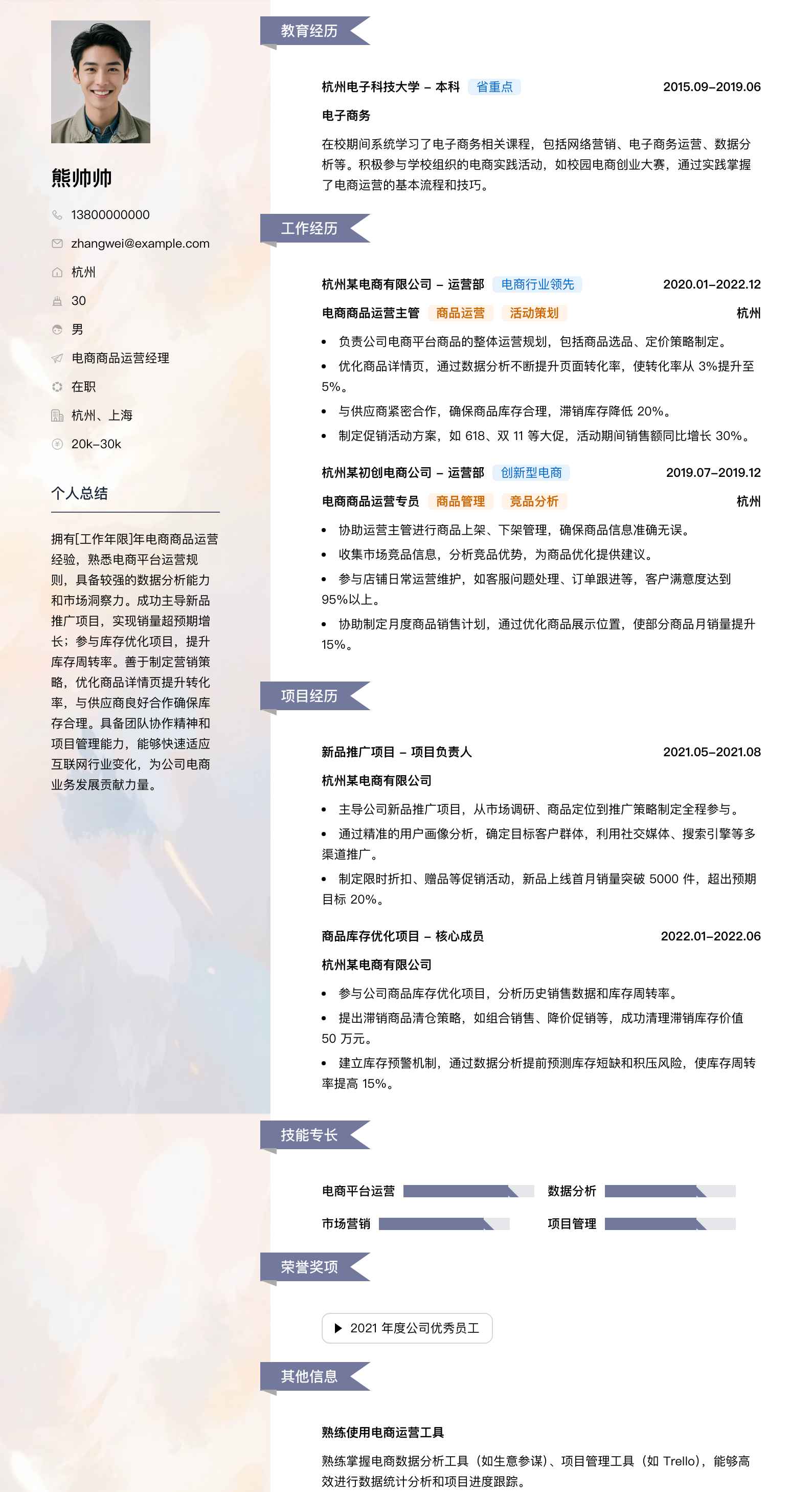 电商商品运营经理简历模板
