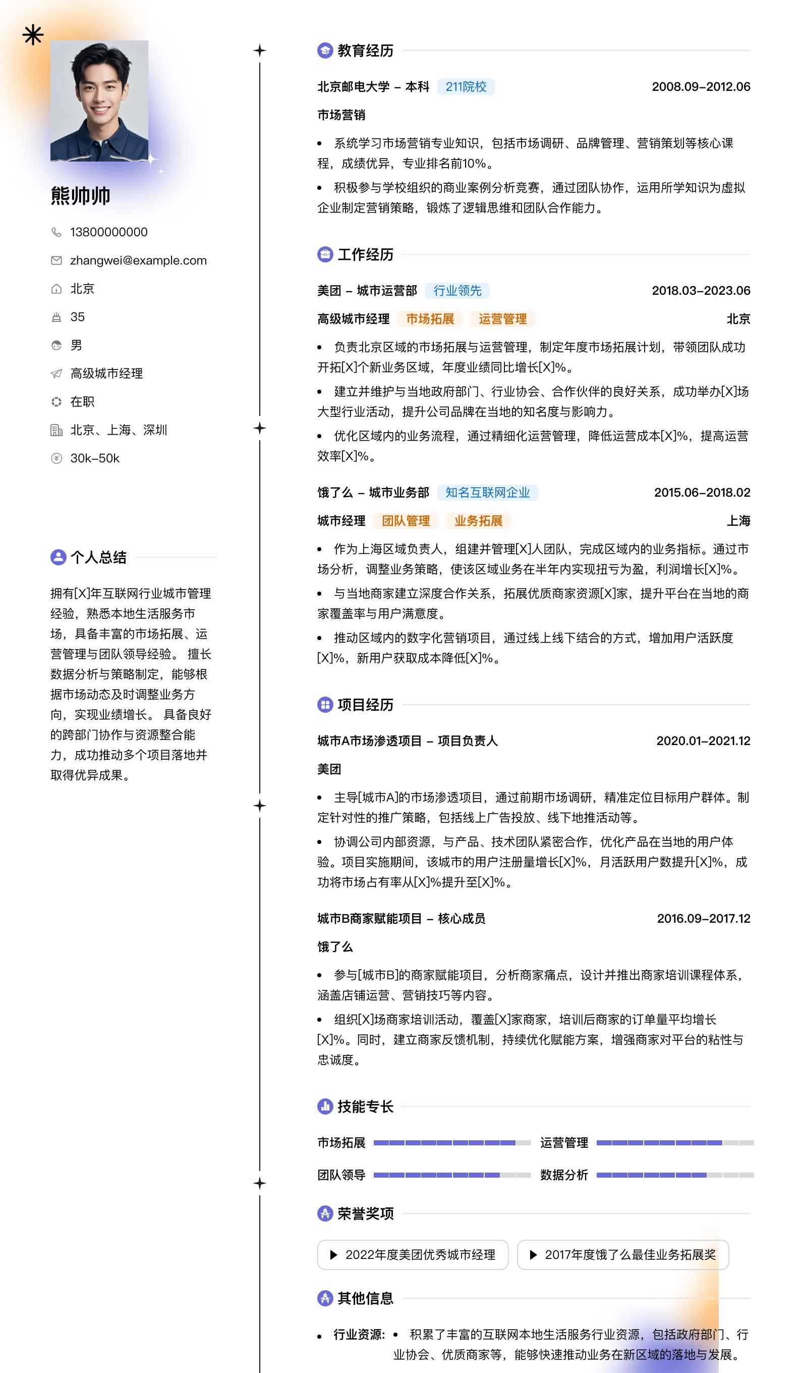 高级城市经理简历模板