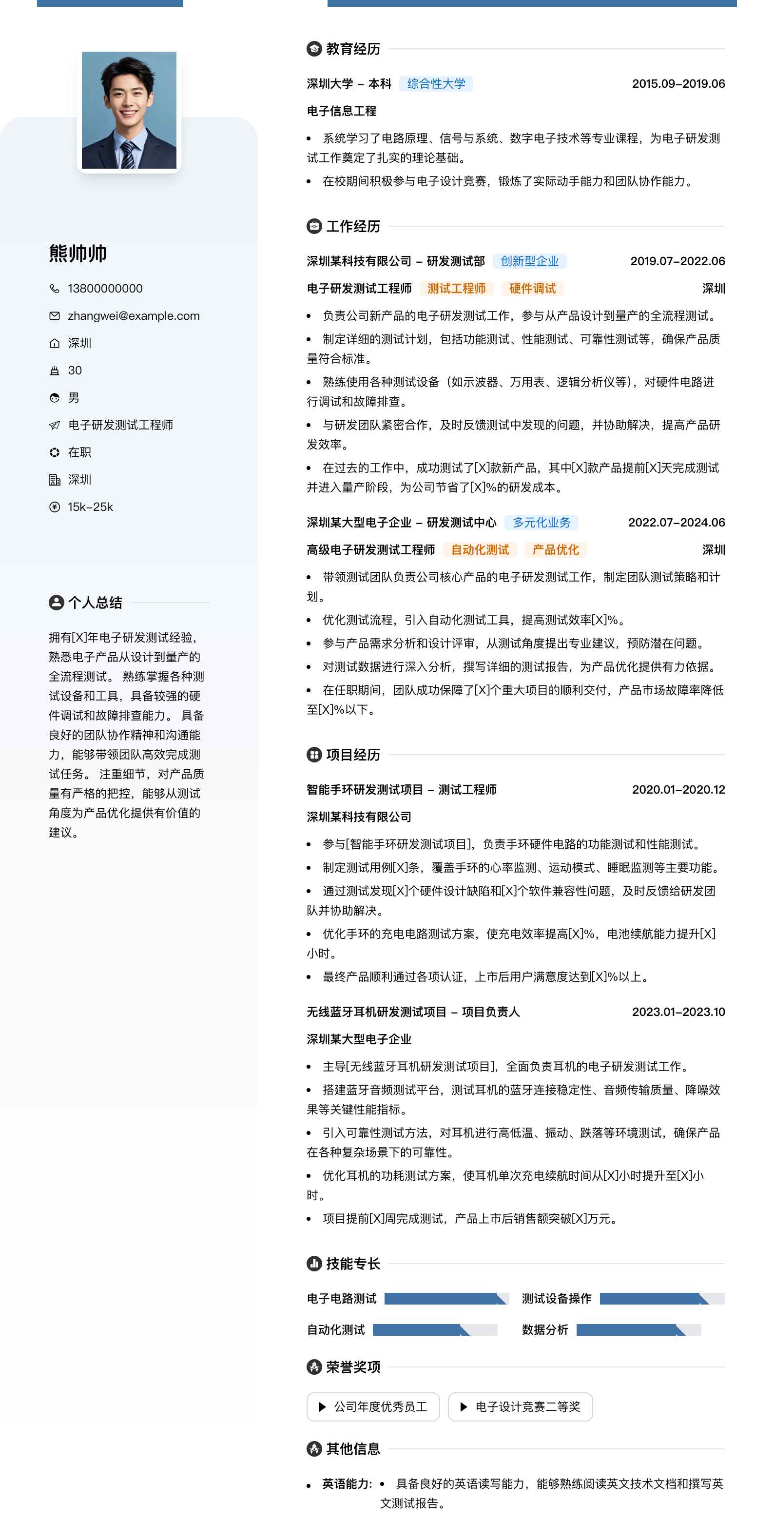 电子研发测试工程师简历模板