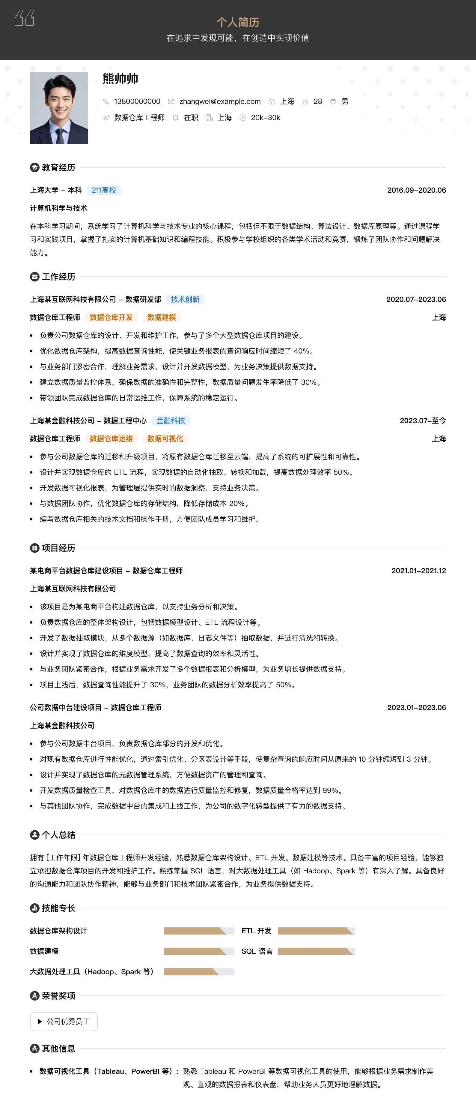 数据仓库工程师简历模板