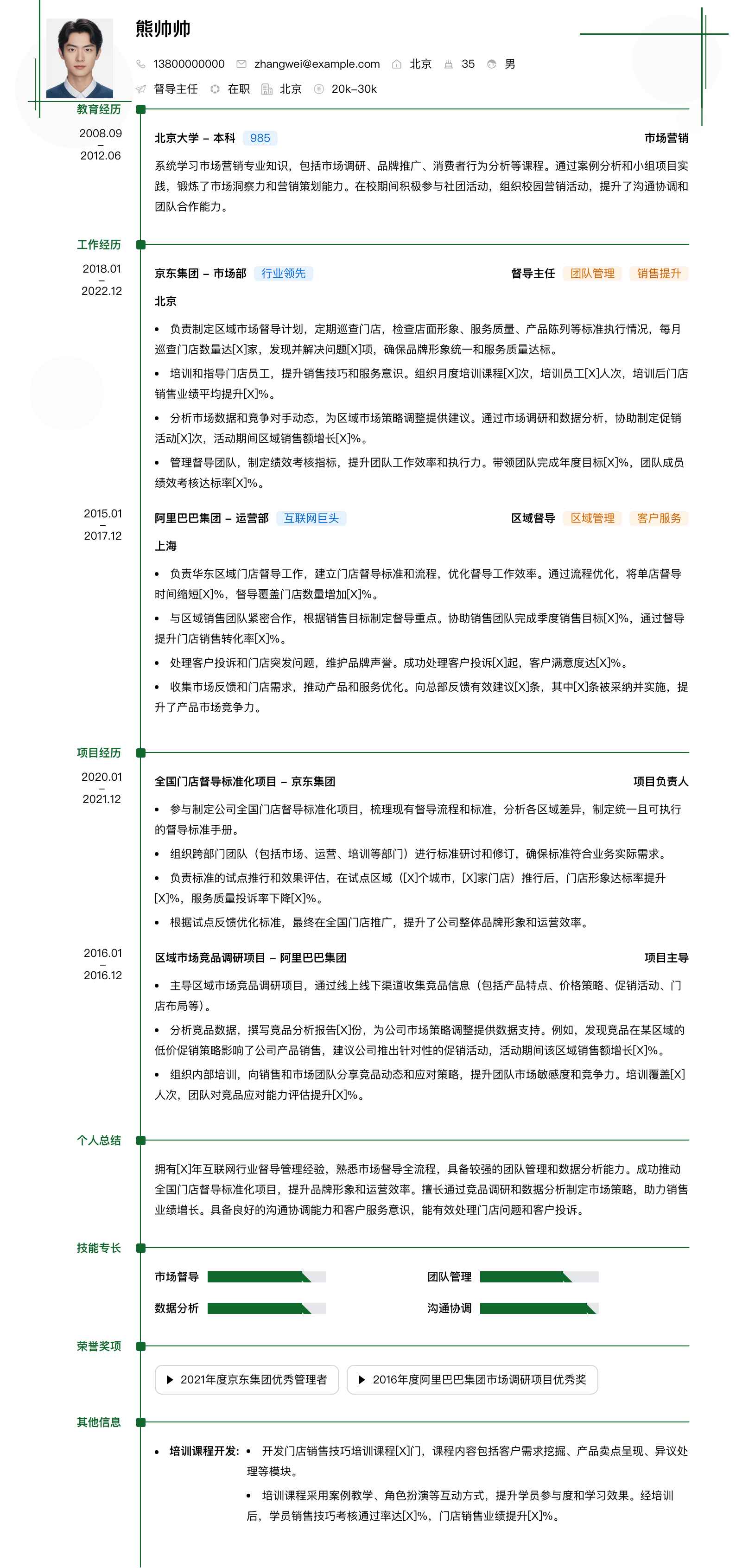 督导主任简历模板