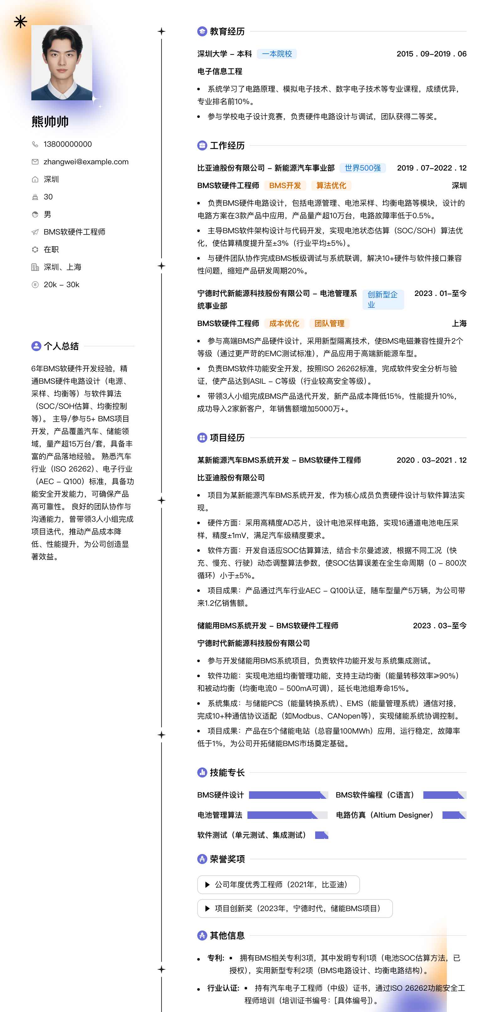 bms软硬件工程师简历模板