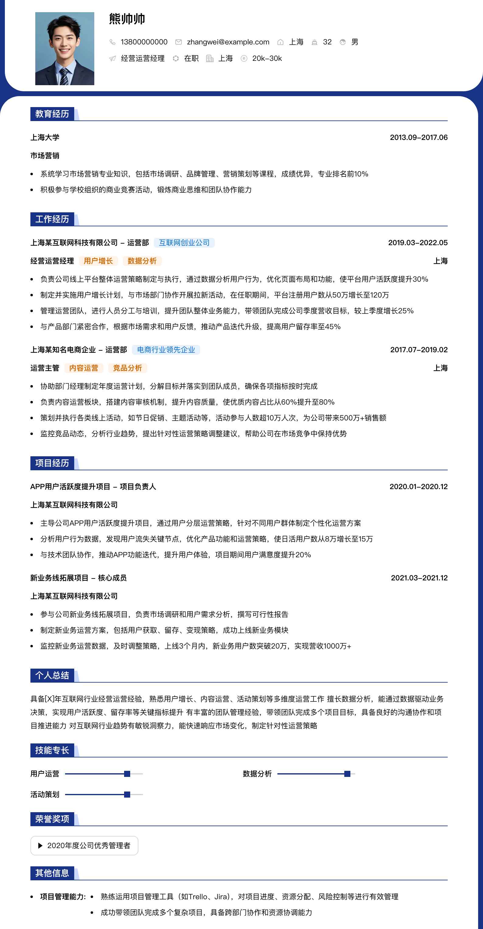 经营运营经理简历模板