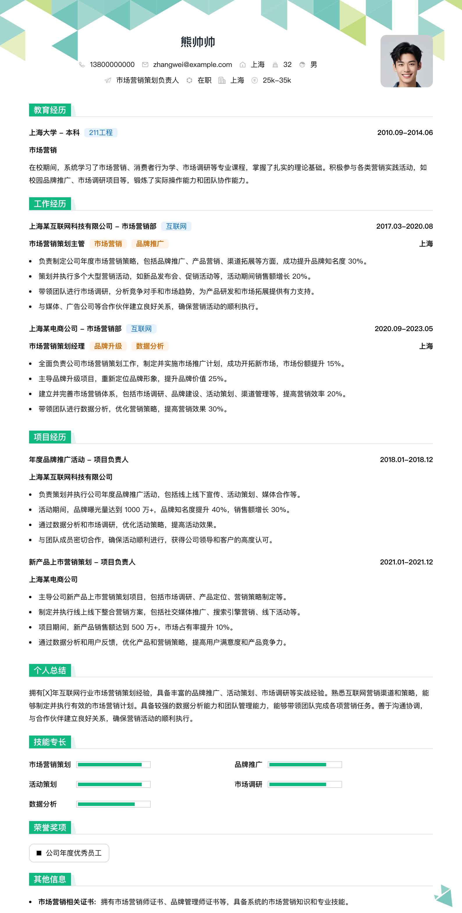 市场营销策划负责人简历模板