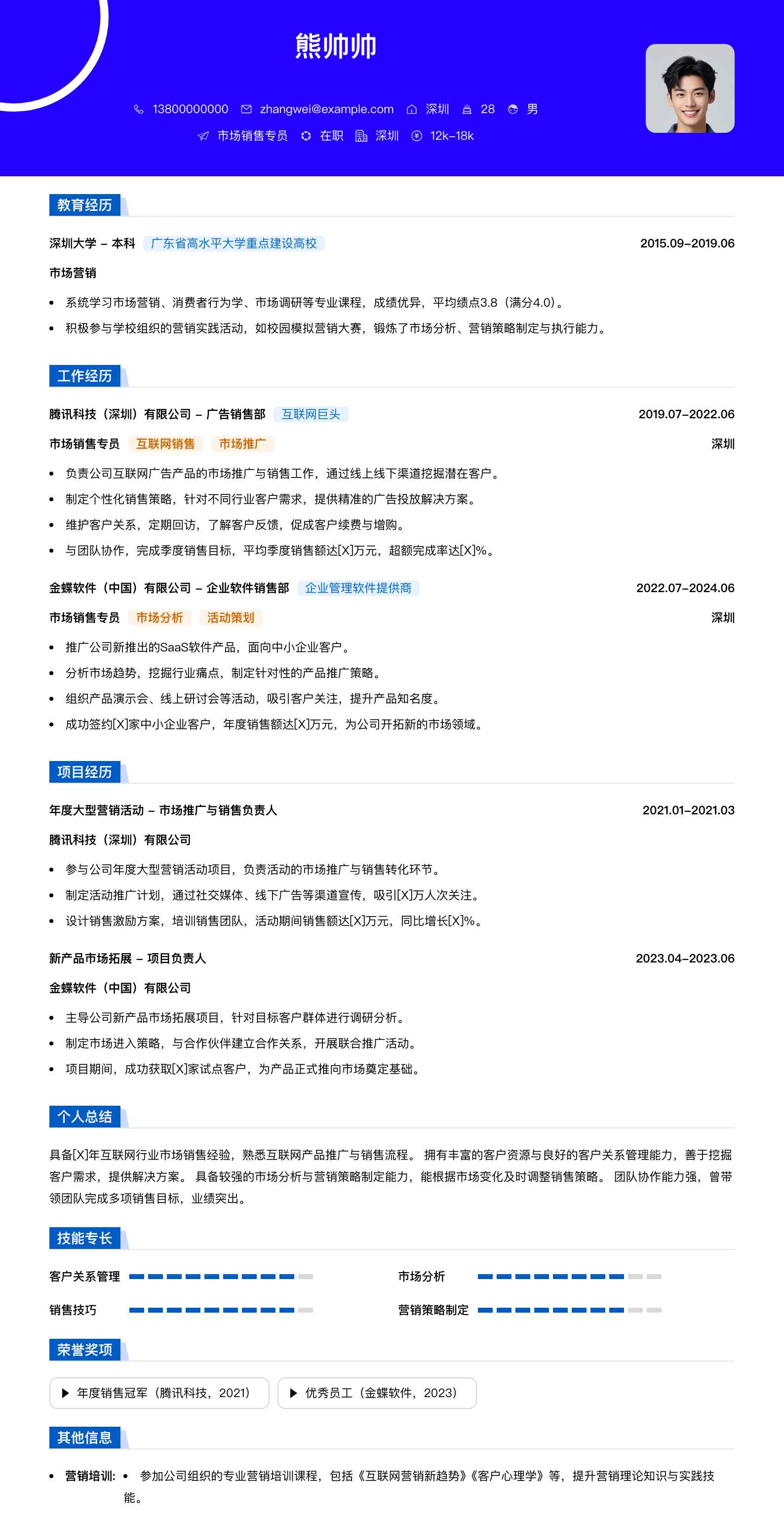 市场销售专员简历模板