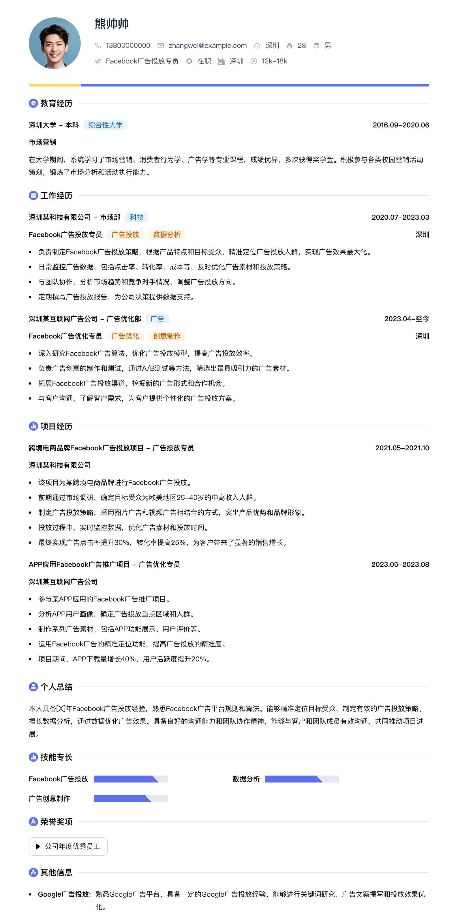 facebook广告投放专员简历模板