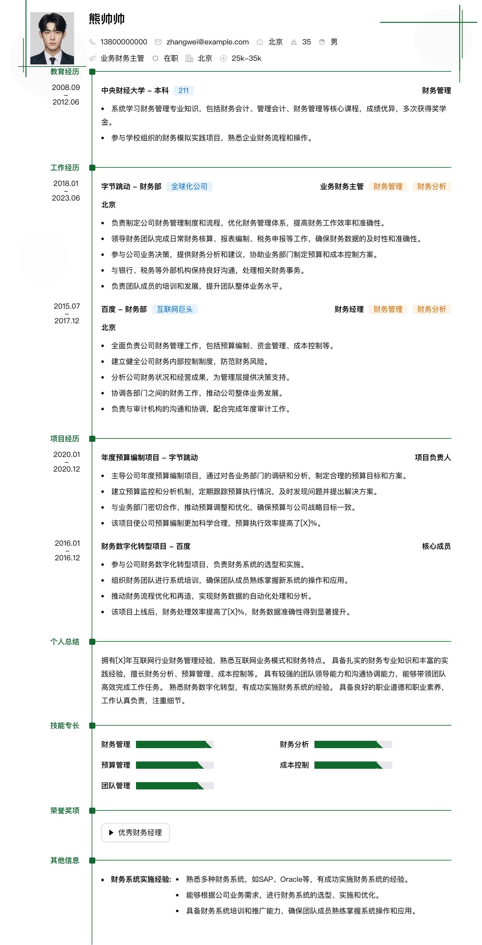 业务财务主管简历模板