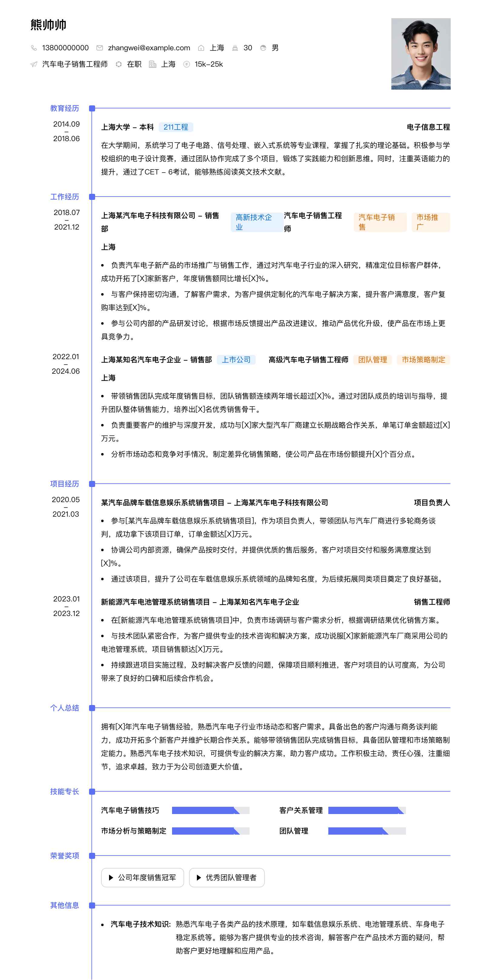 汽车电子销售工程师简历模板