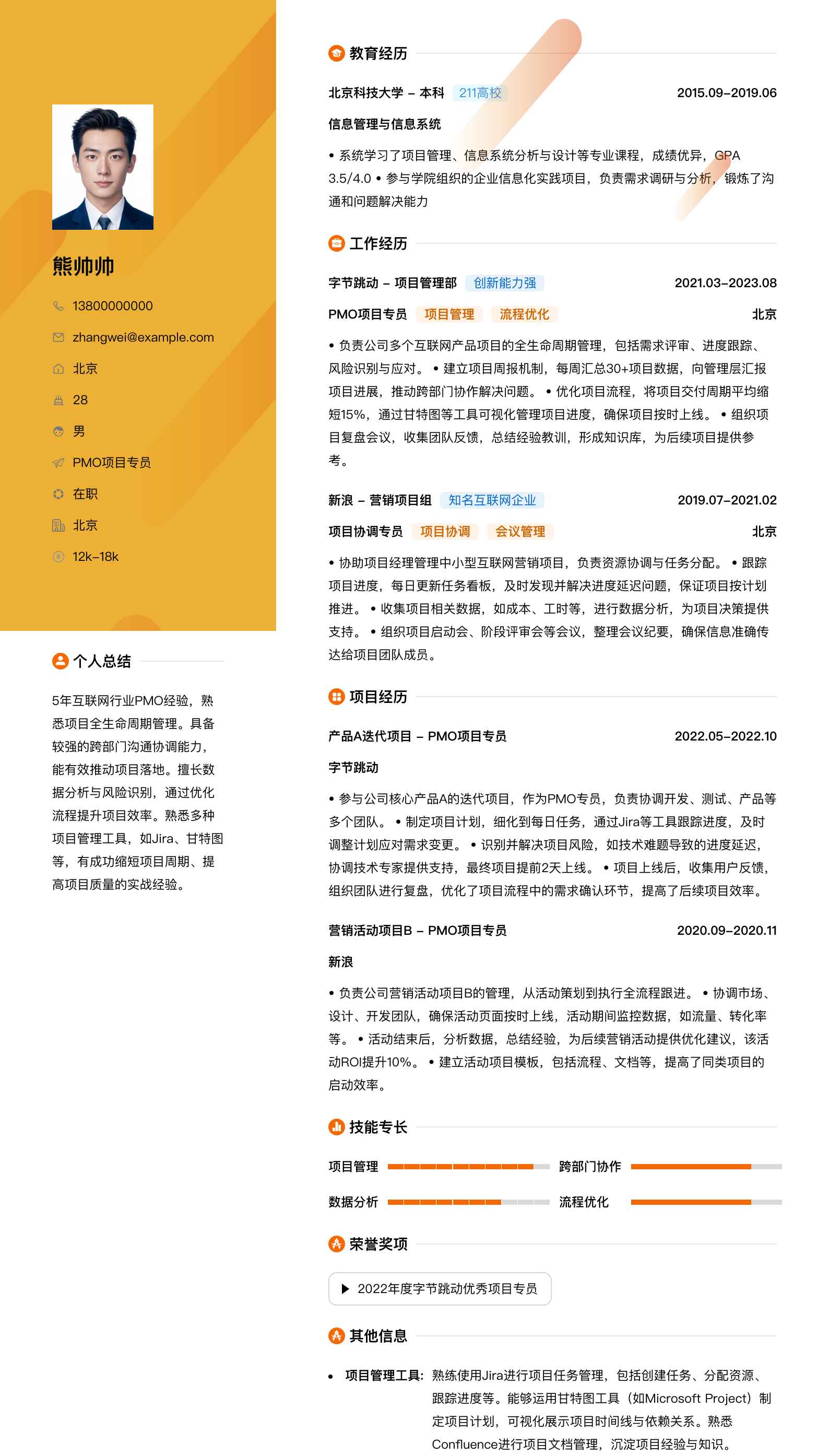 pmo项目专员简历模板
