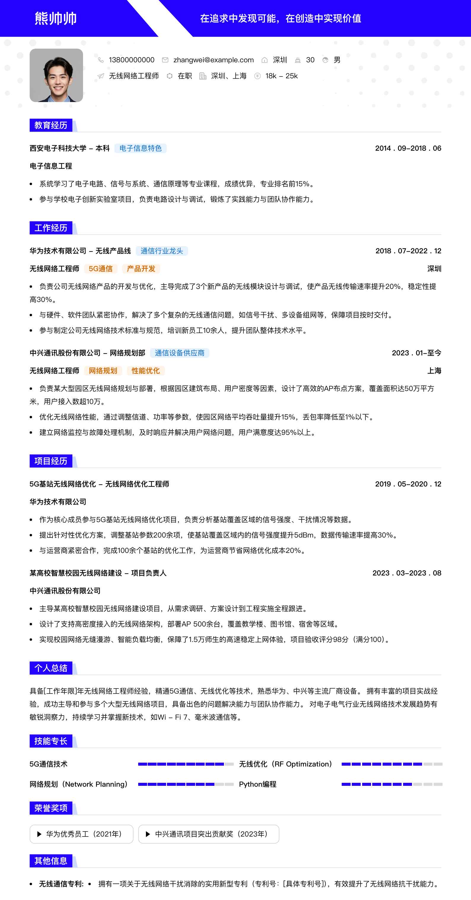 无线网络工程师简历模板