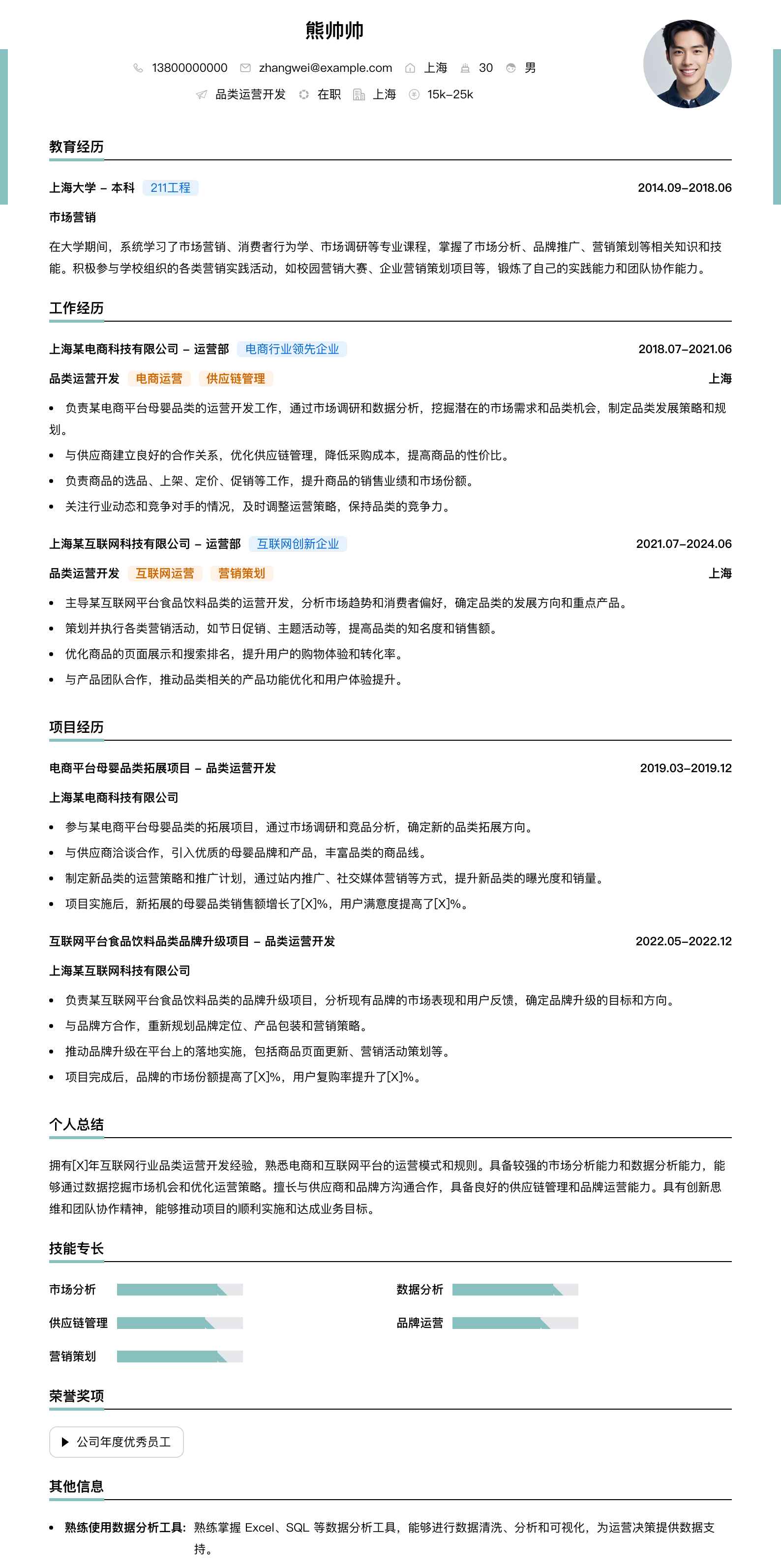 品类运营简历模板