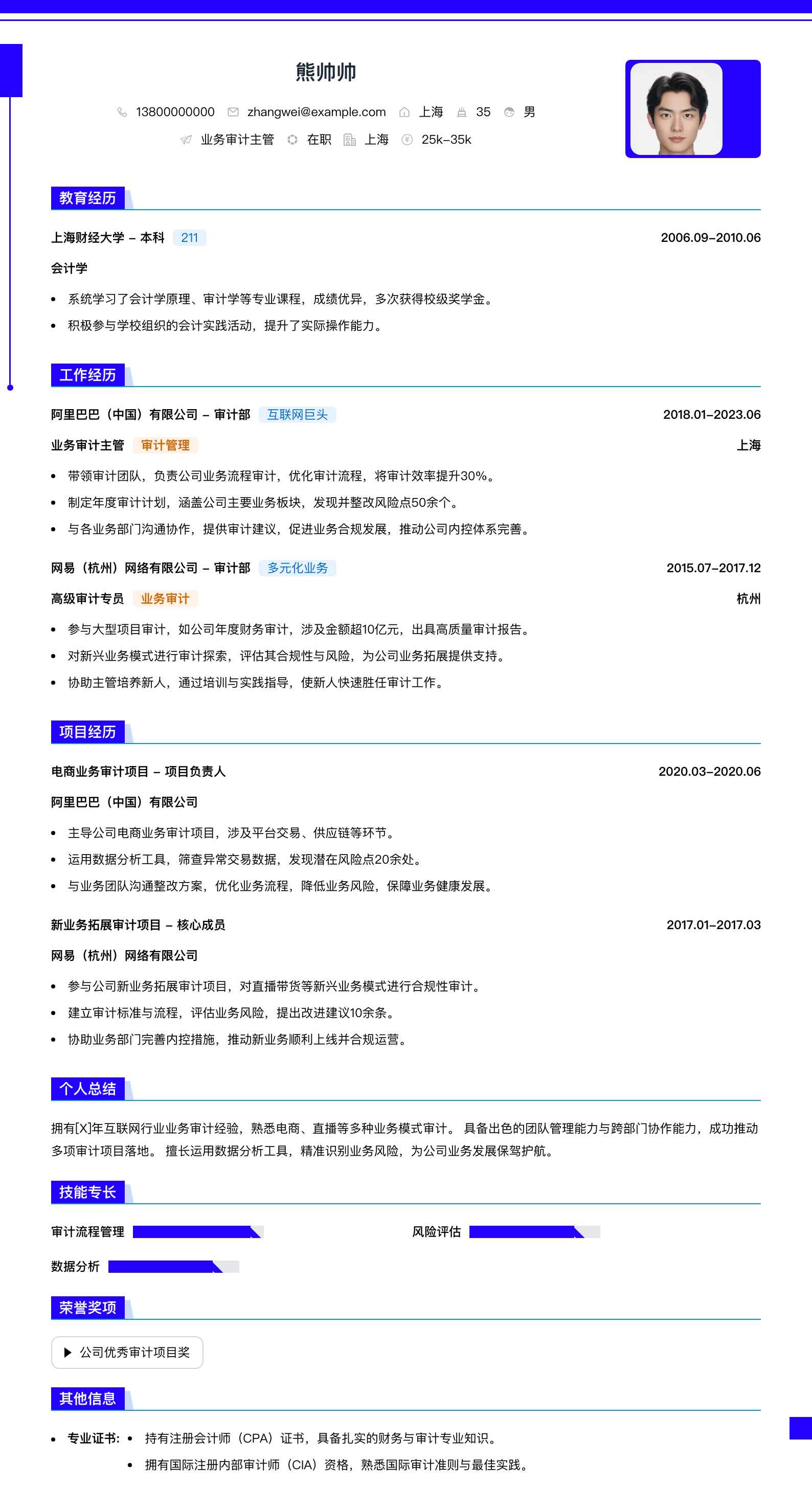 业务审计主管简历模板