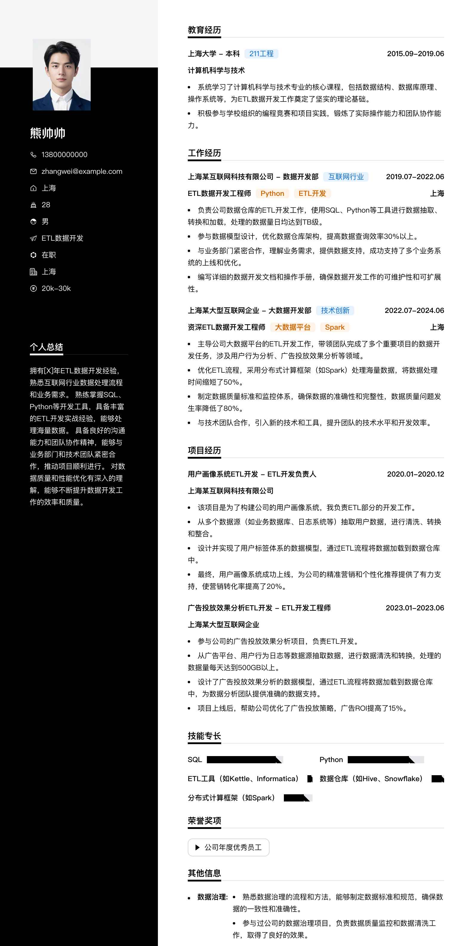 etl数据开发简历模板