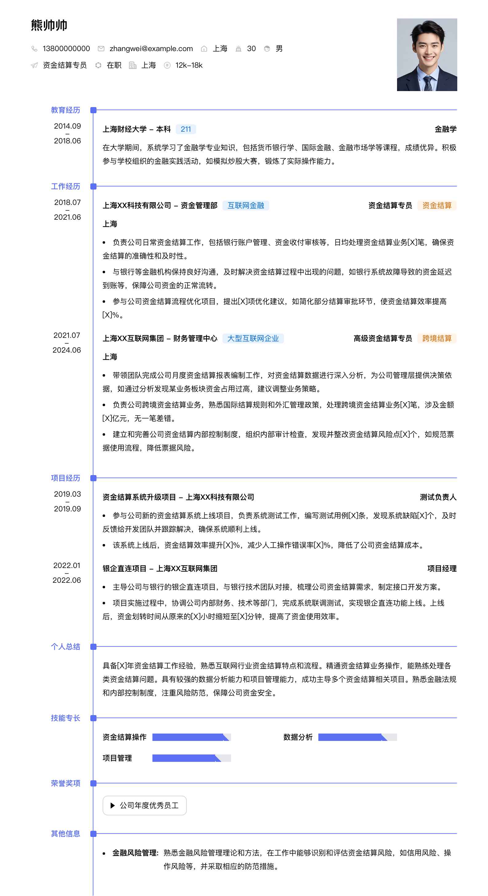 资金结算专员简历模板