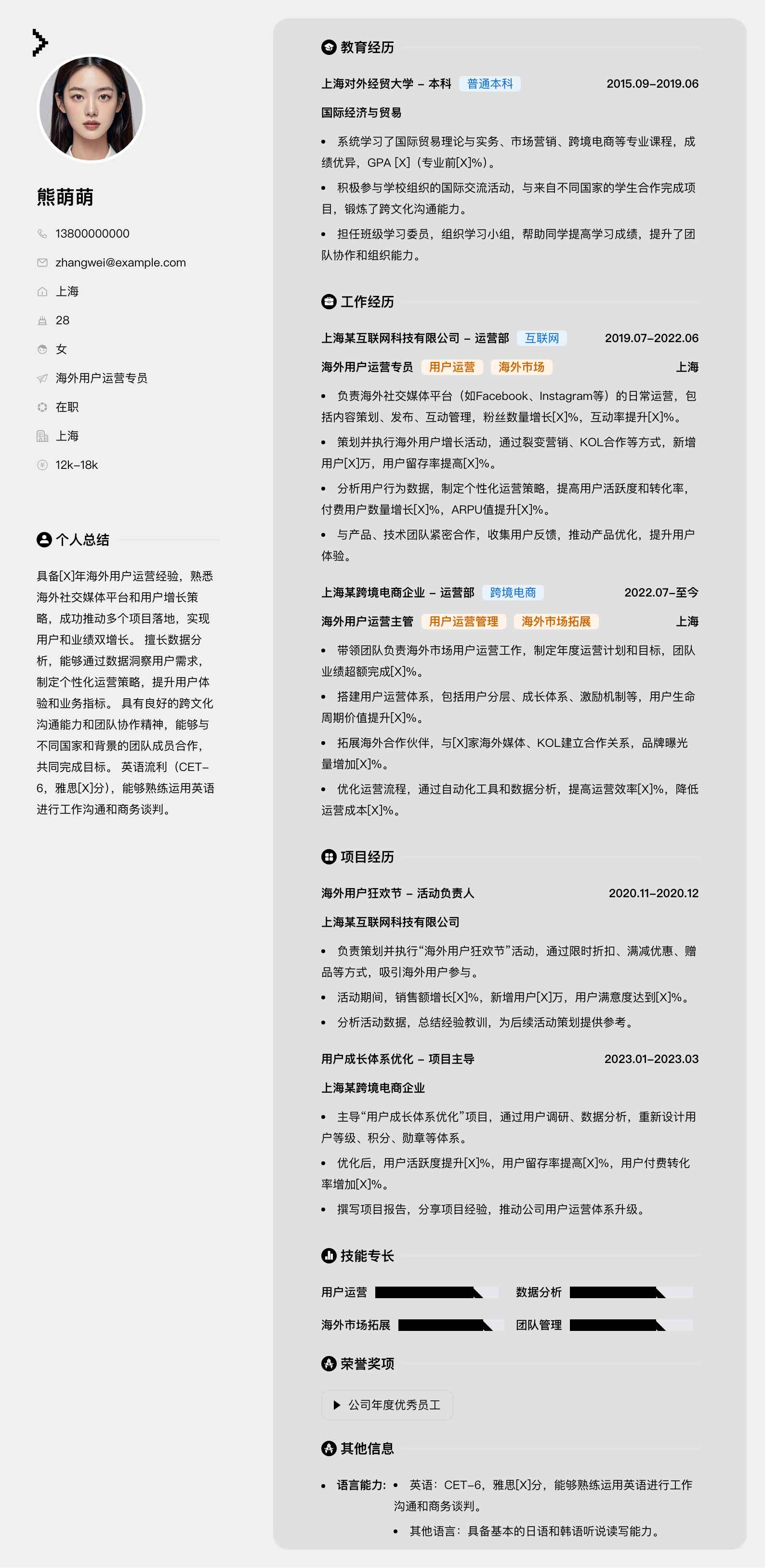 海外用户运营专员简历模板