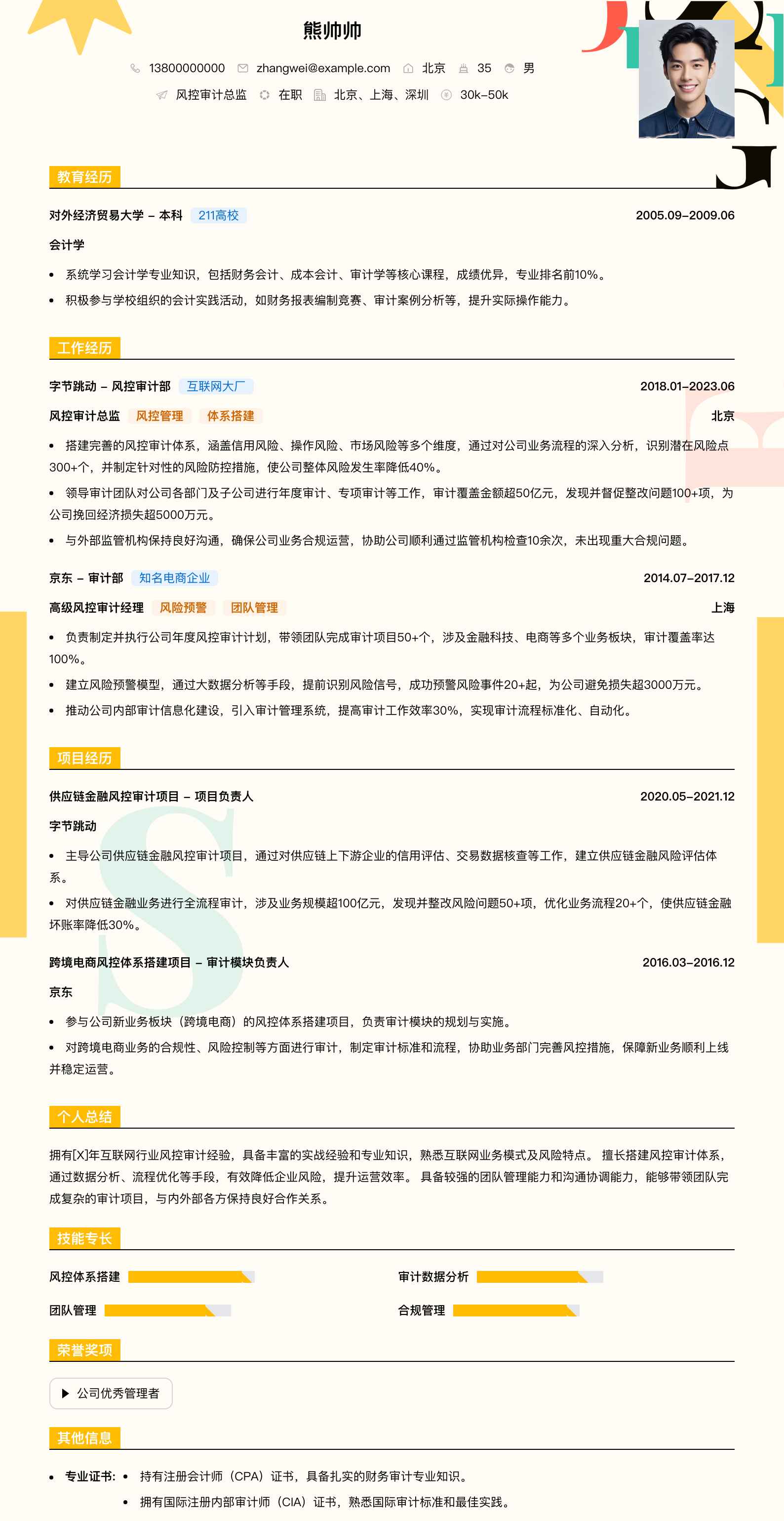 风控审计总监简历模板