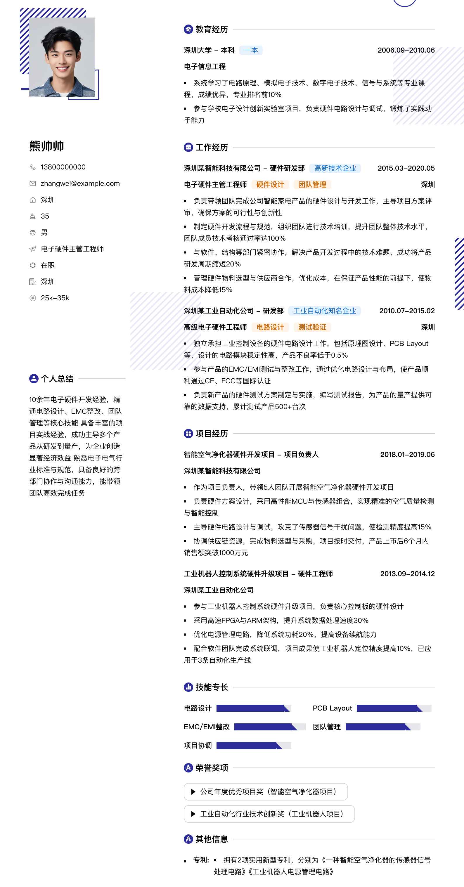 电子硬件主管工程师简历模板