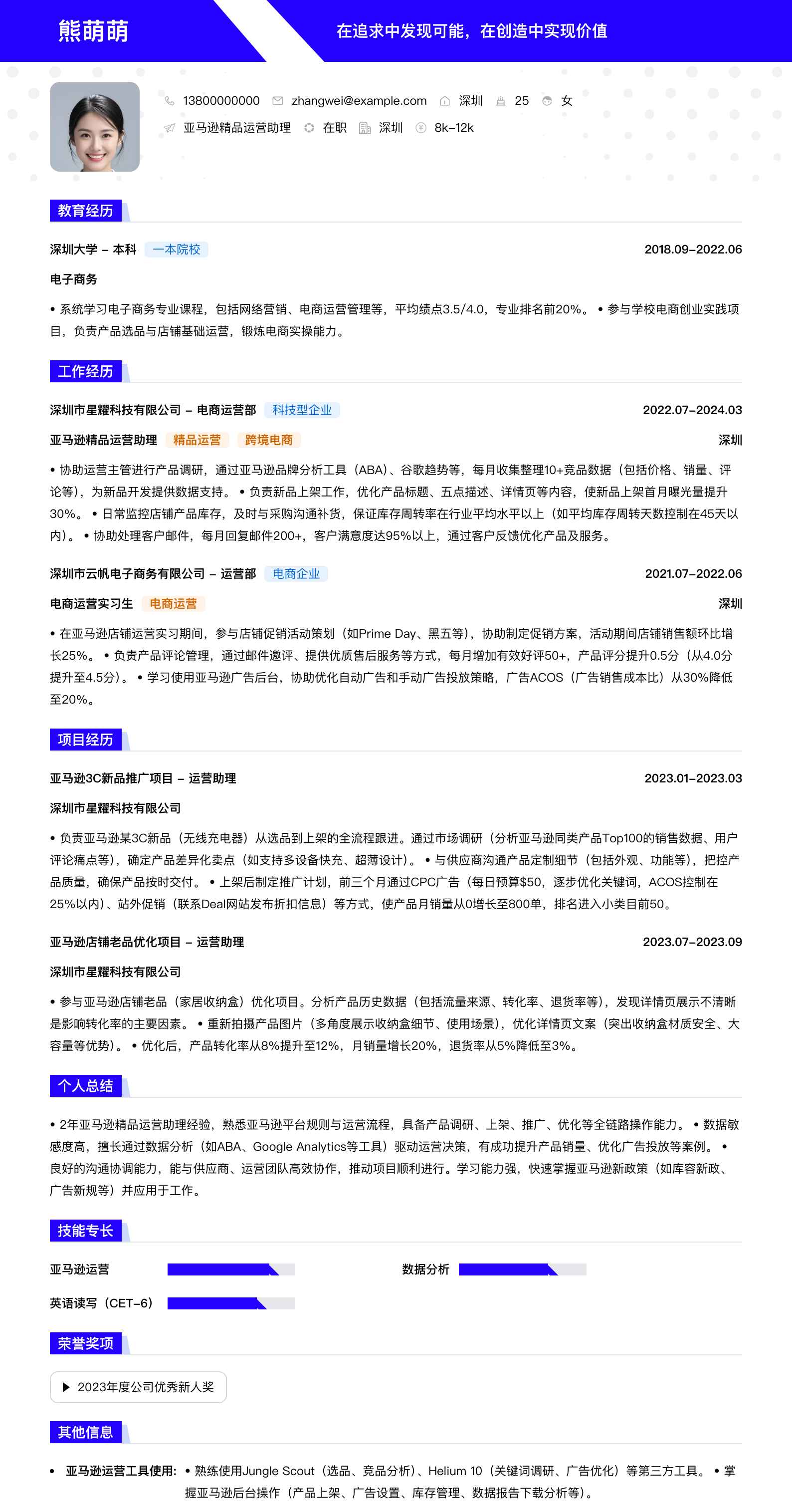亚马逊精品运营助理简历模板