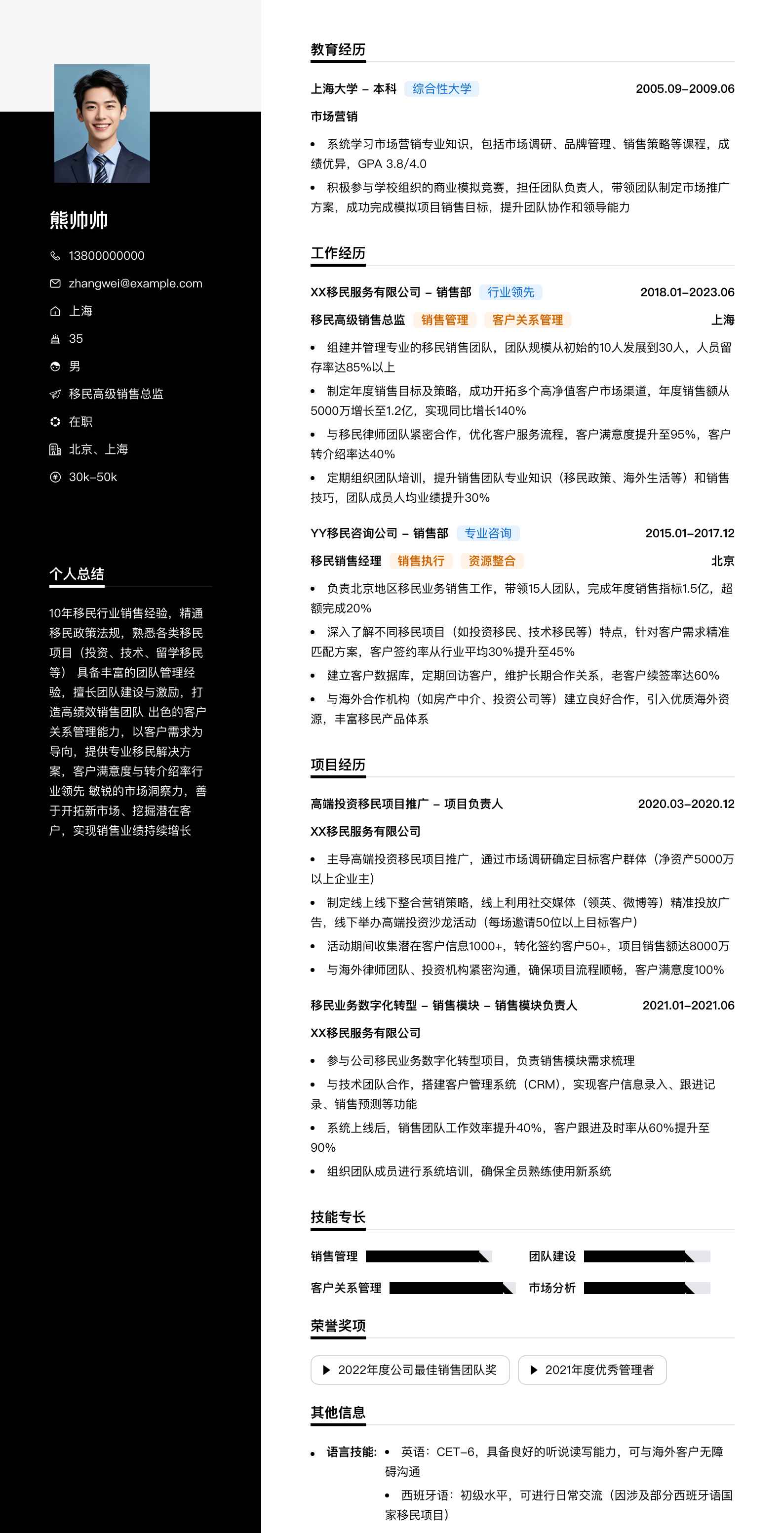 移民高级销售总监简历模板