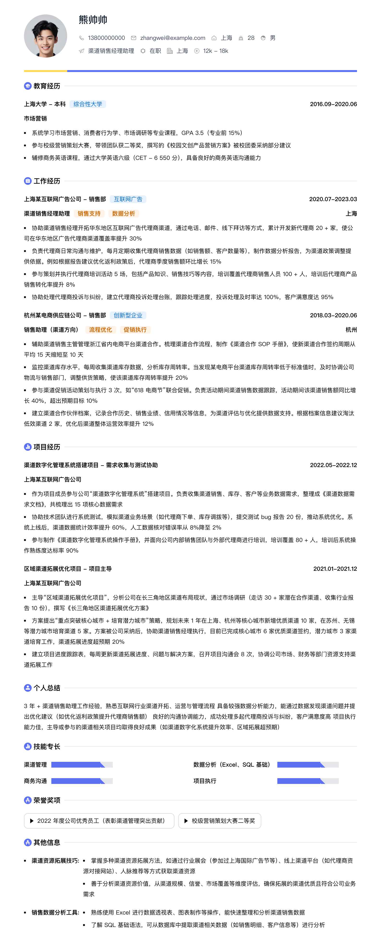 渠道销售经理助理简历模板