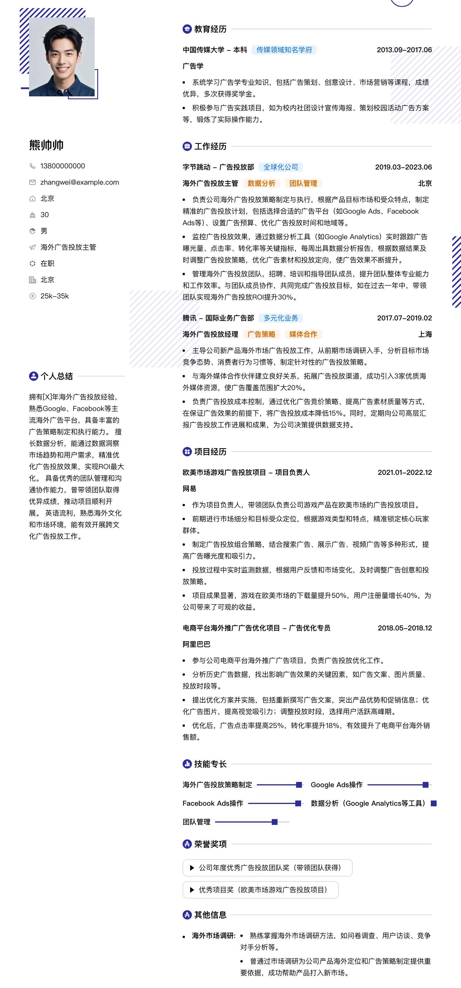 海外广告投放主管简历模板
