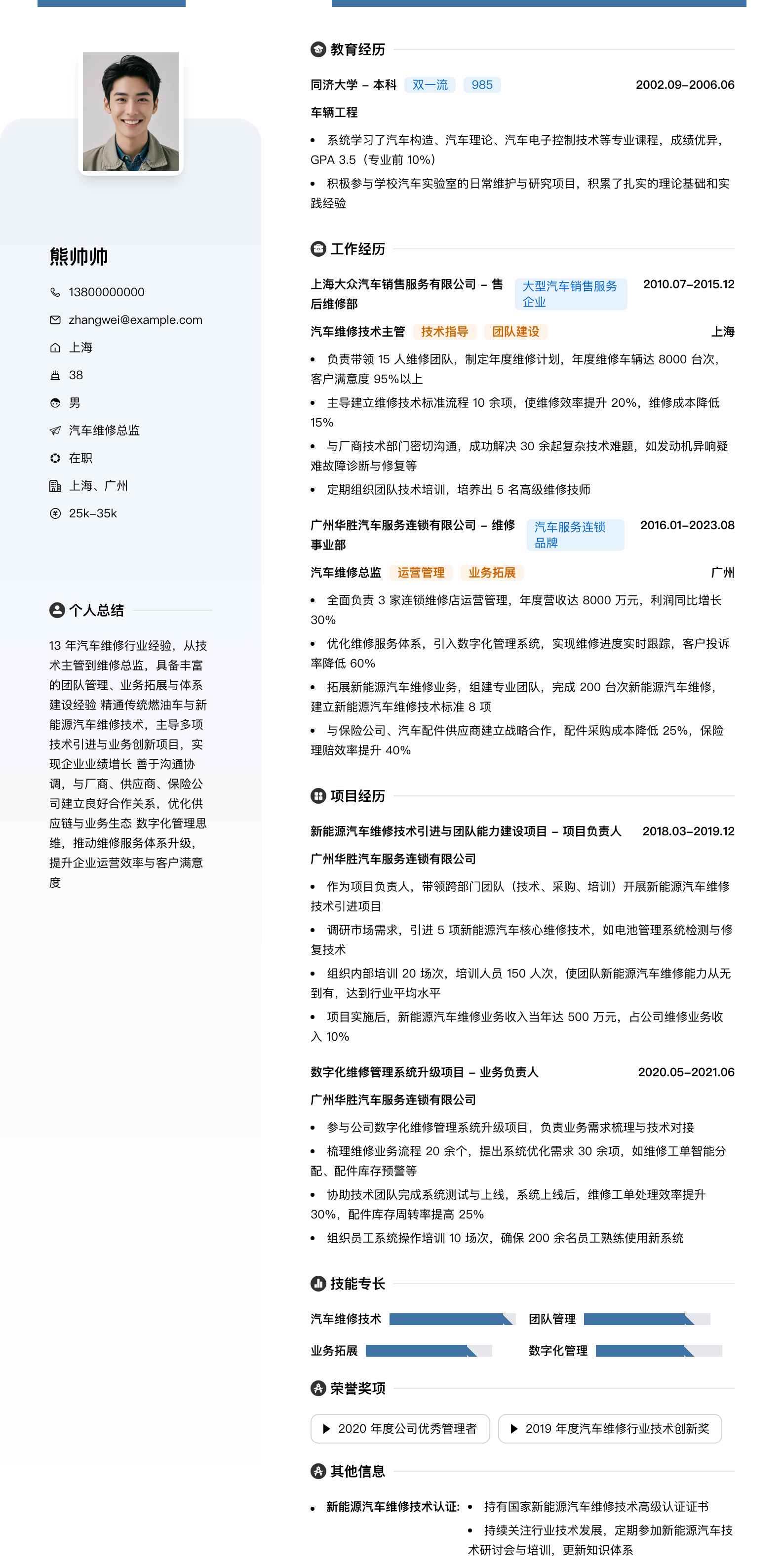 汽车维修总监简历模板