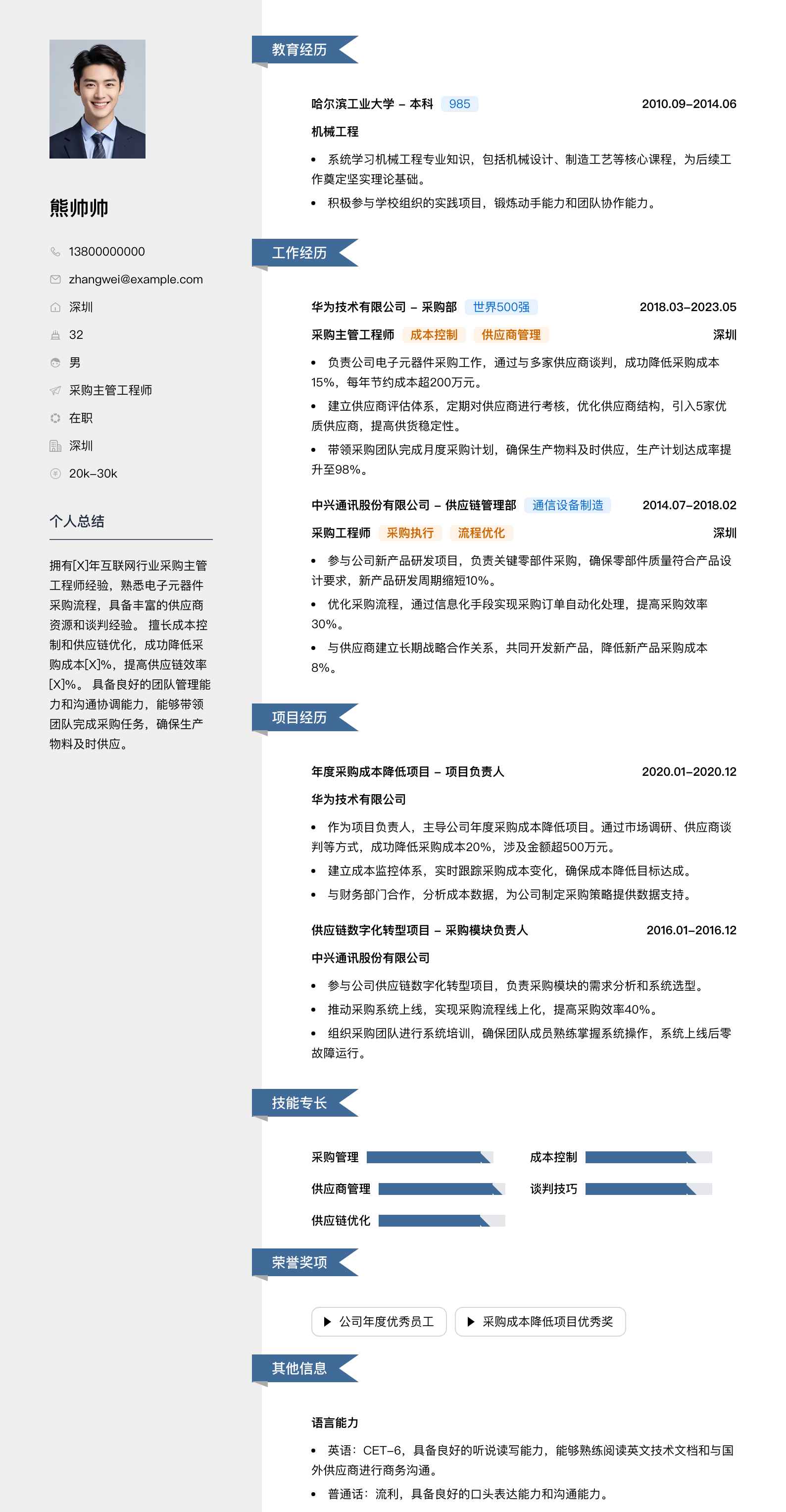 采购主管工程师简历模板