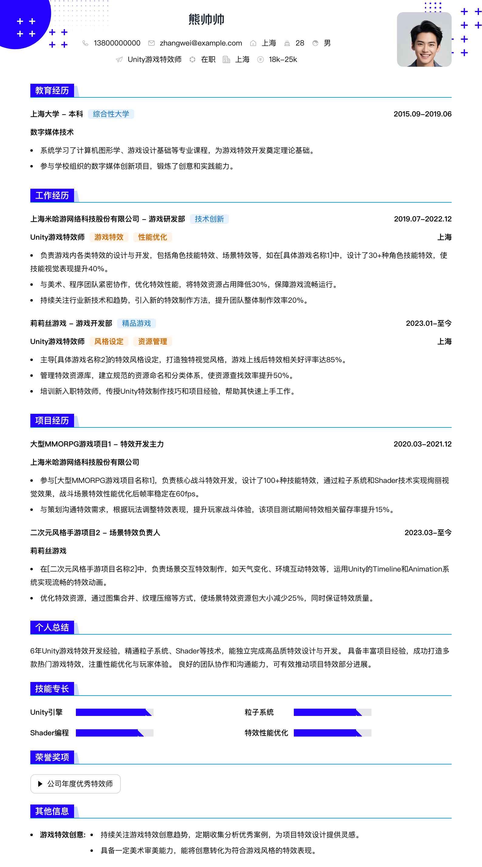 unity游戏特效师简历模板