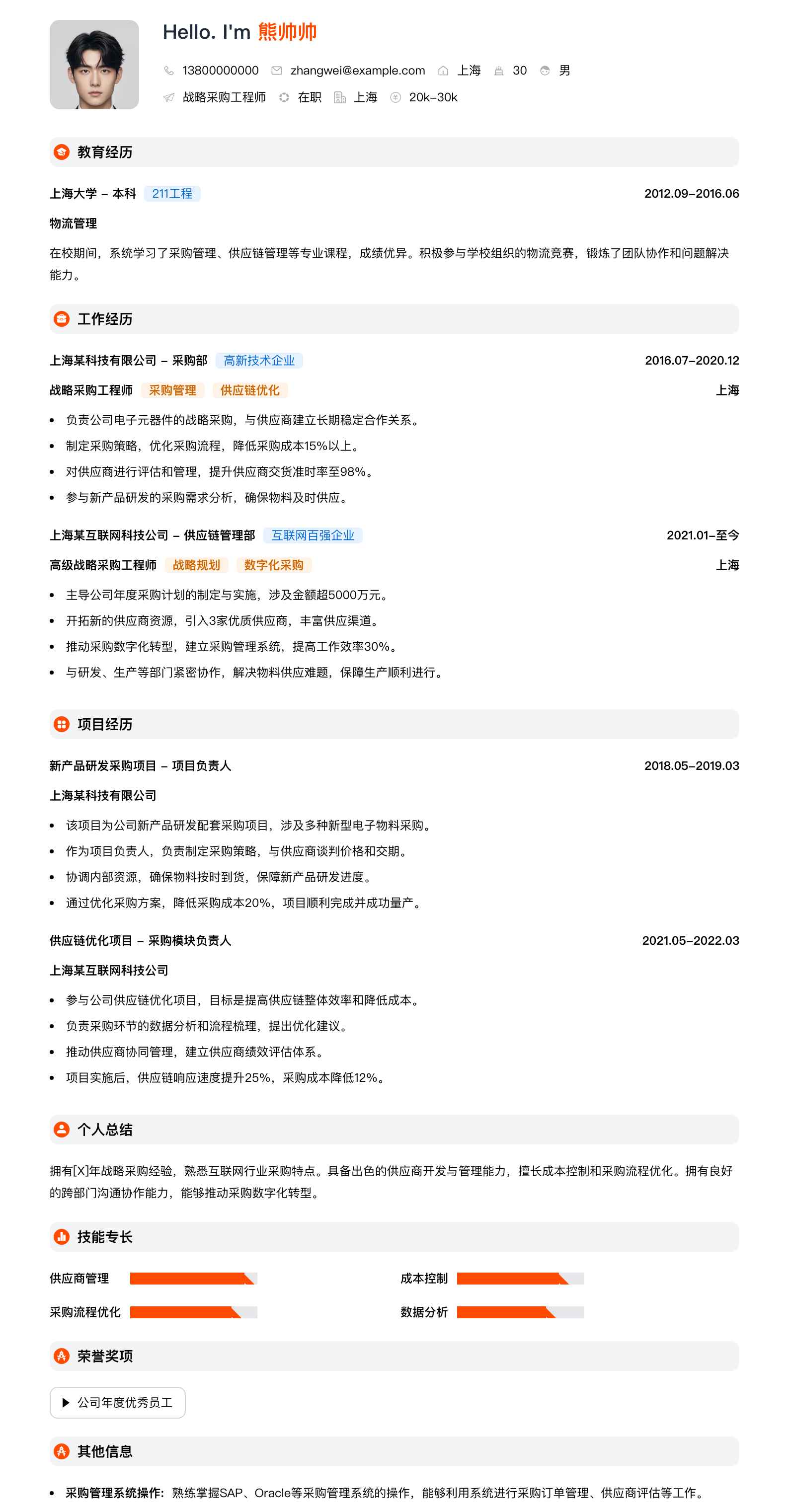 战略采购工程师简历模板