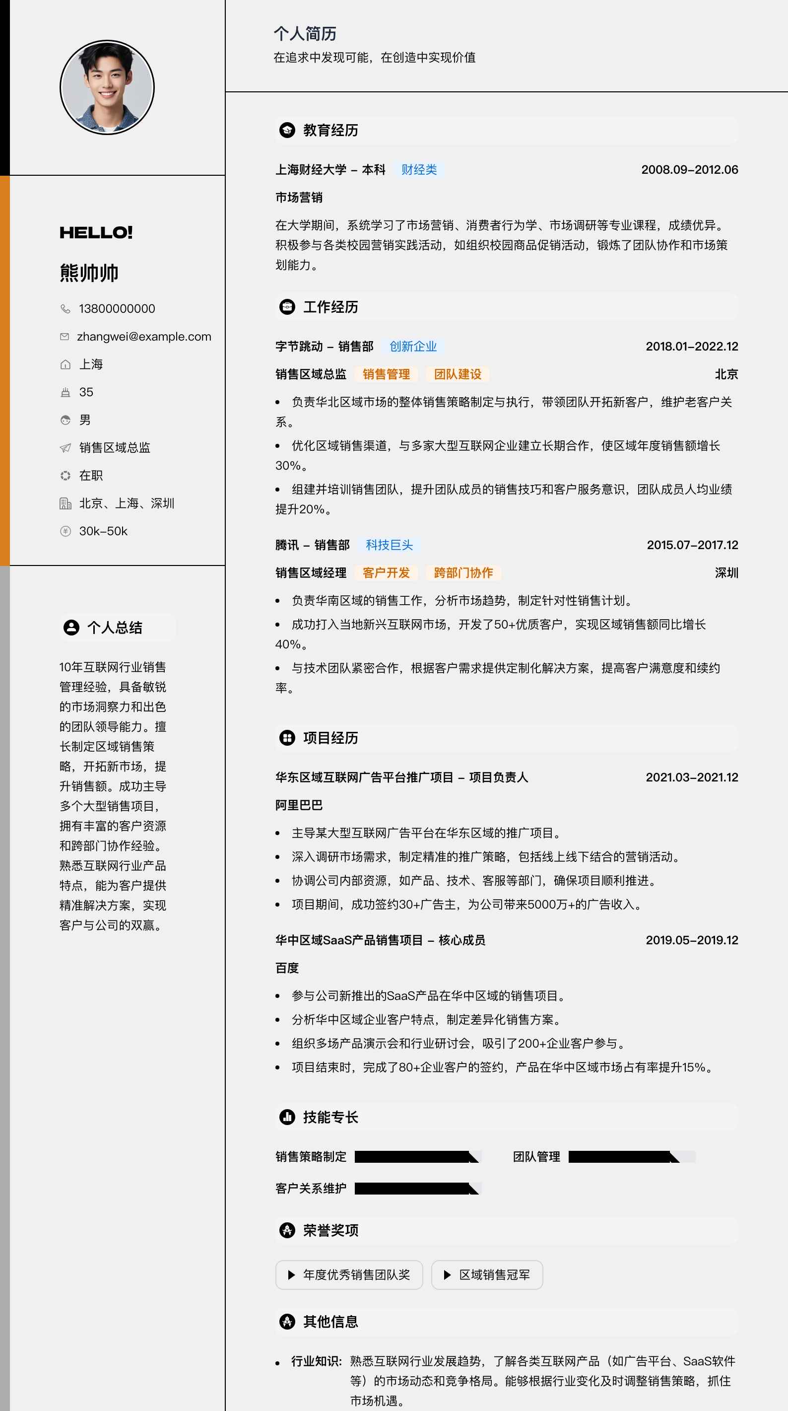 销售区域总监简历模板