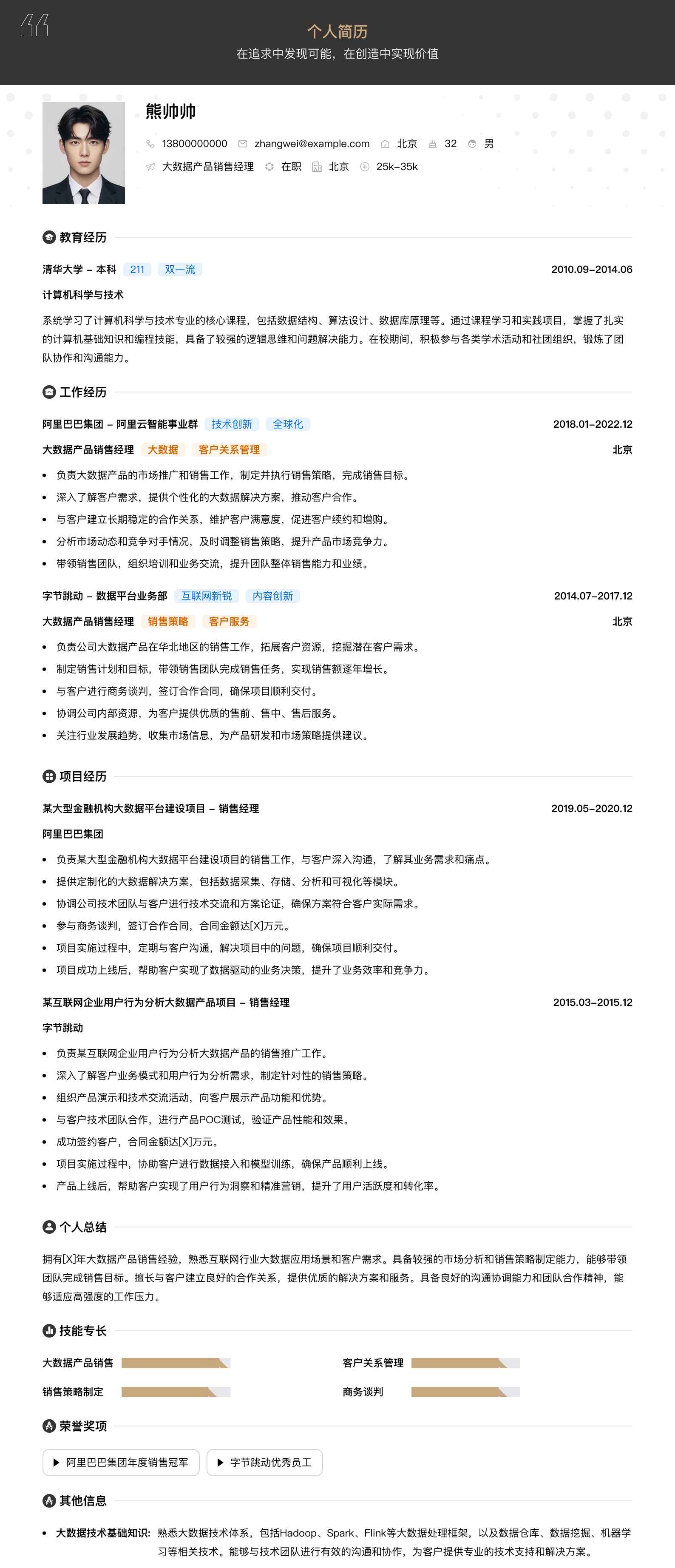 大数据产品销售经理简历模板