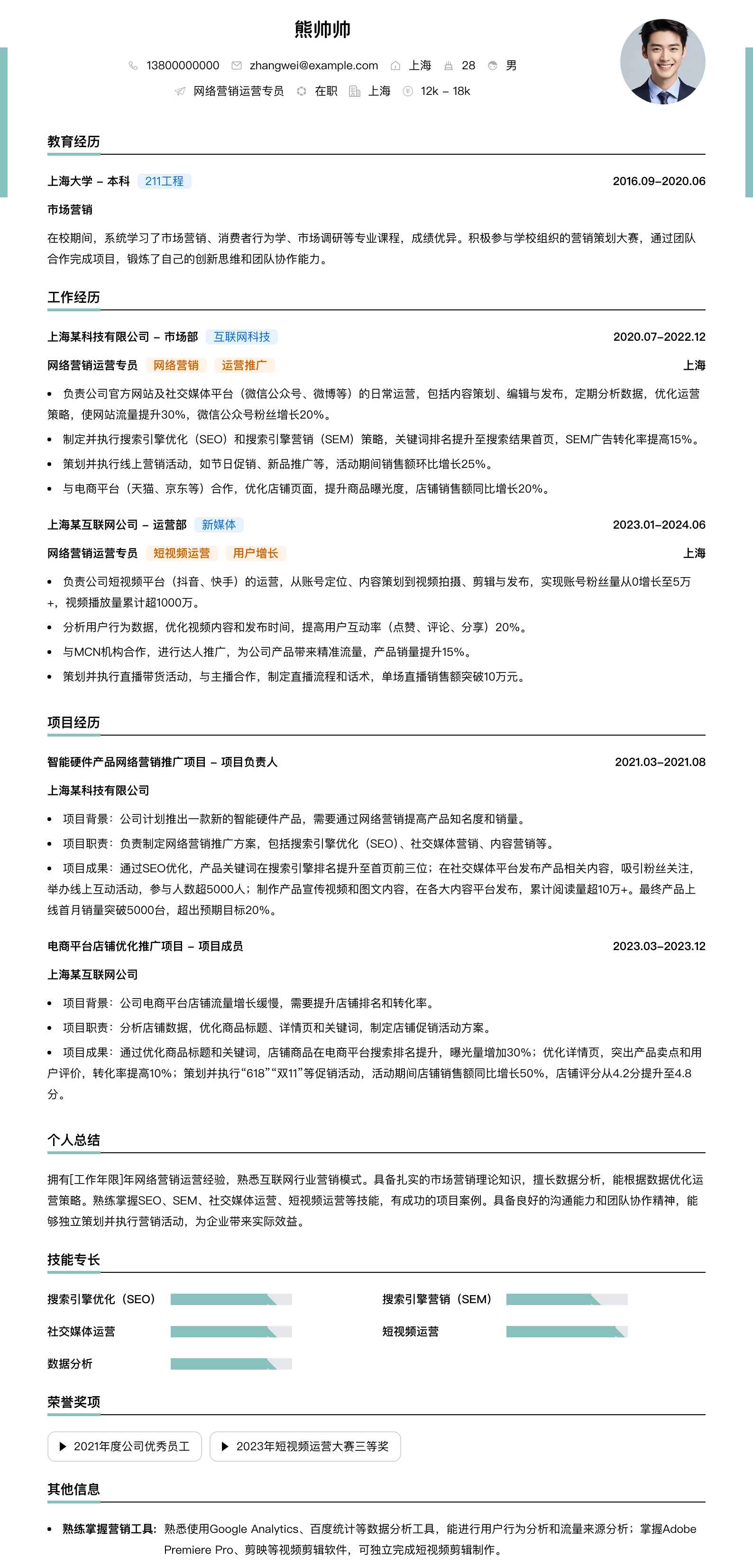 网络营销运营专员简历模板
