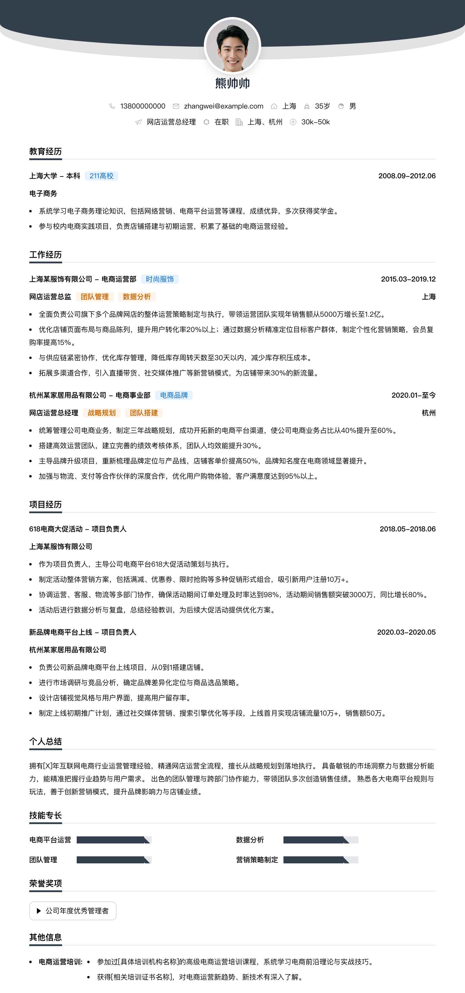 网店运营总经理简历模板