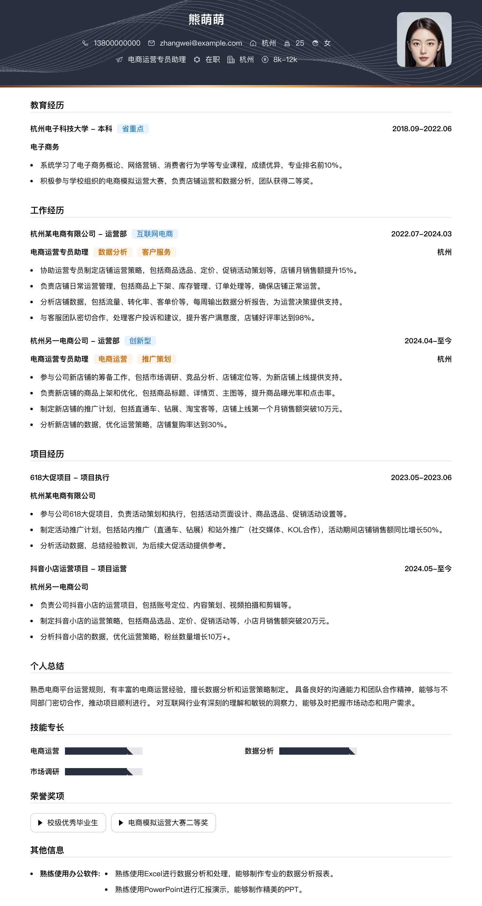 电商运营专员助理简历模板