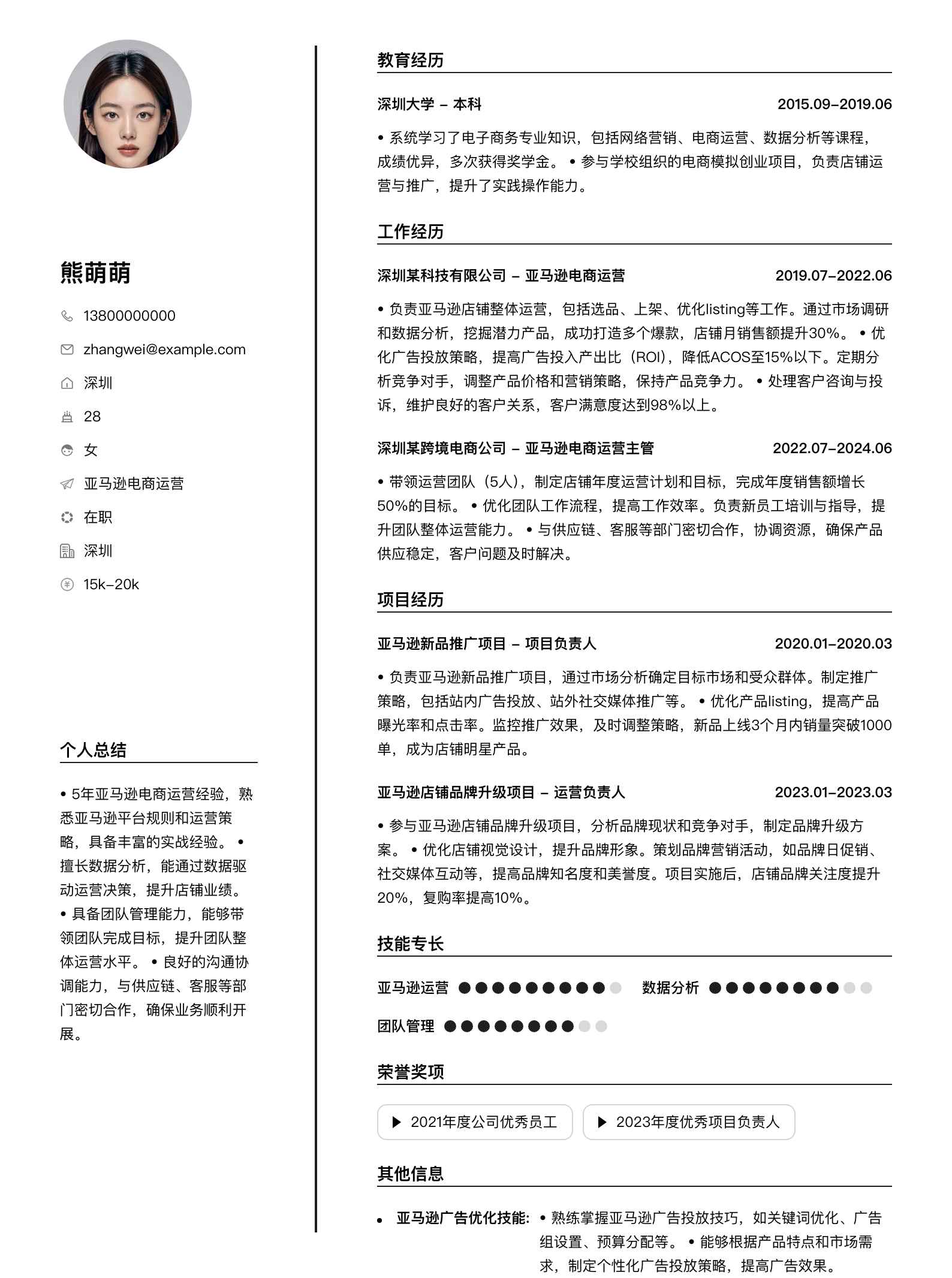 亚马逊电商运营简历模板