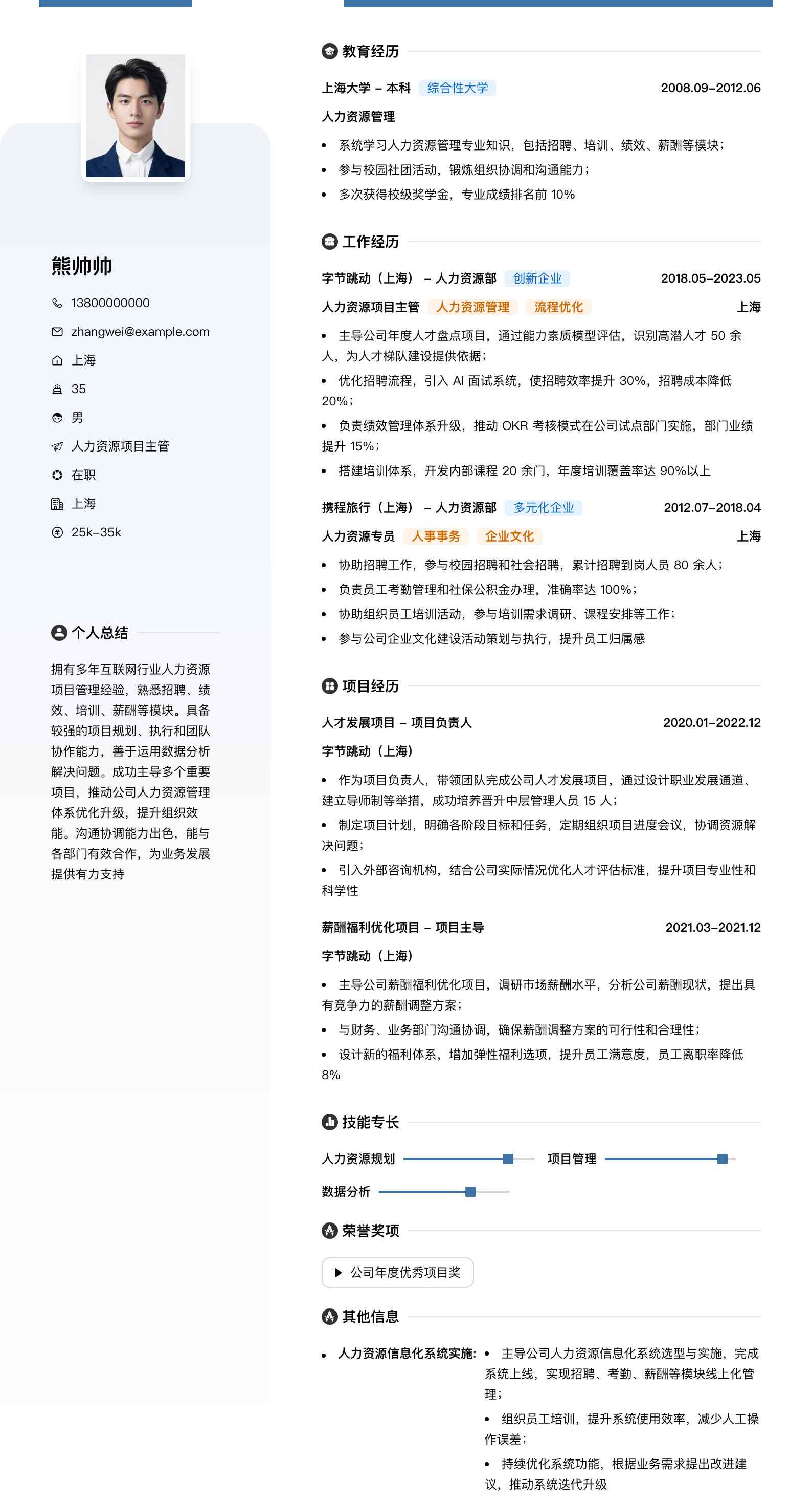 人力资源项目主管简历模板